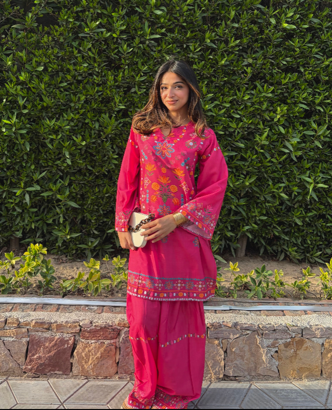 Prabhman In Raspberry Pink Printed Lawn Cotton Kurta Set with Farsi Pants