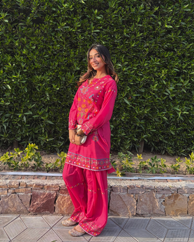 Prabhman In Raspberry Pink Printed Lawn Cotton Kurta Set with Farsi Pants