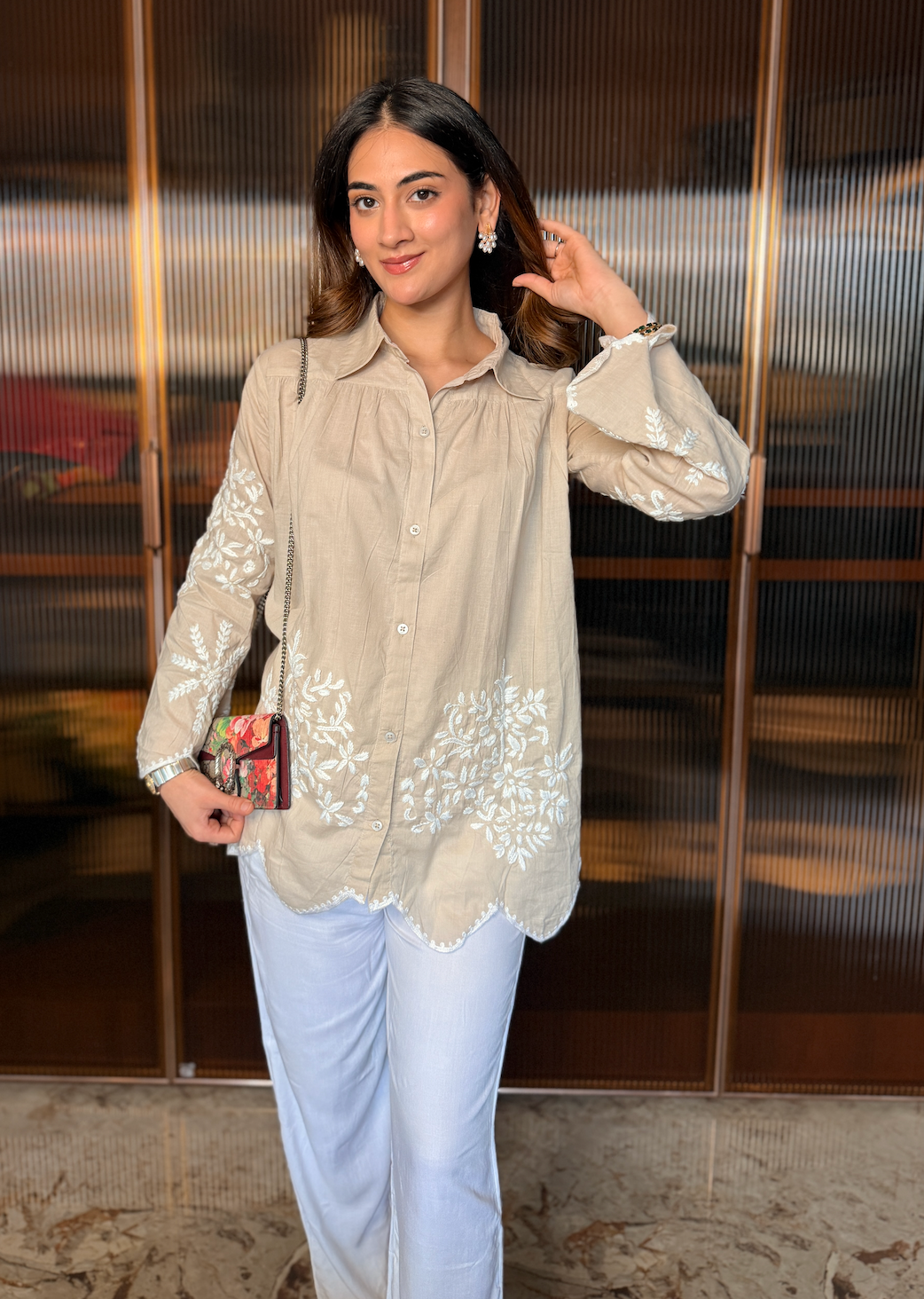 Shivami in Slub Cotton Chikankari Shirt - Beige with white