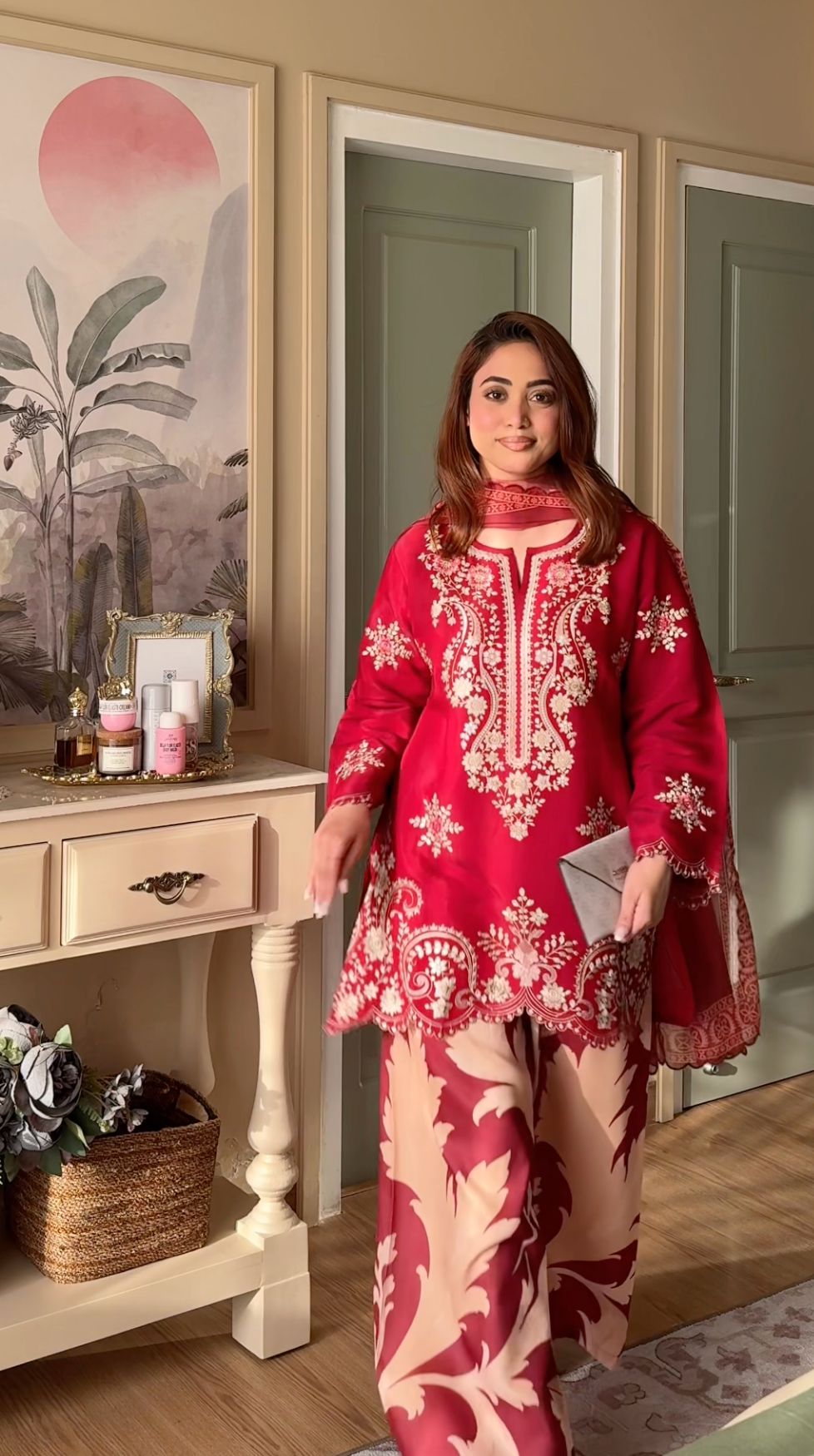 Ishita in Embroidered Mul Chanderi Printed Pant Kurta Set in Deep Wine