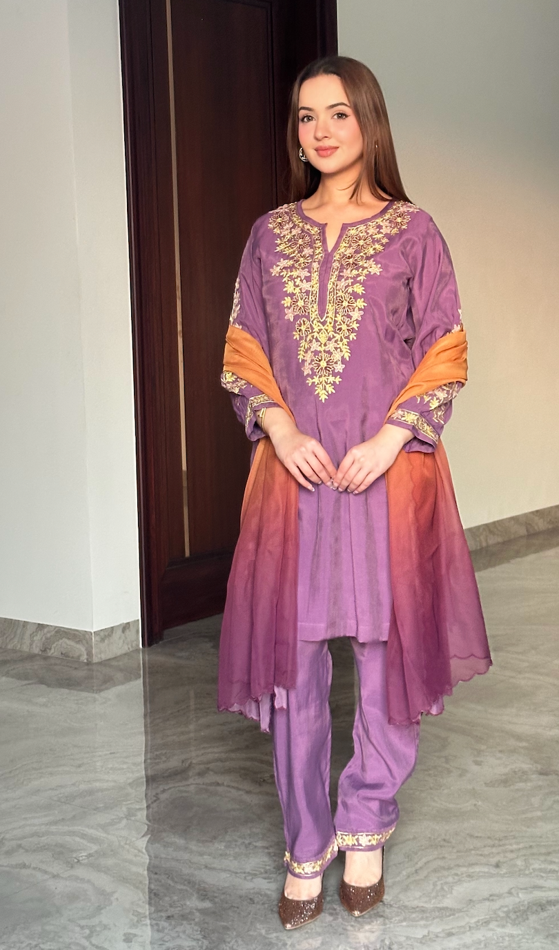 Bhavya in Kashmiri Zari Aari Mul Chanderi Straight Pant Kurta Set in Lavender