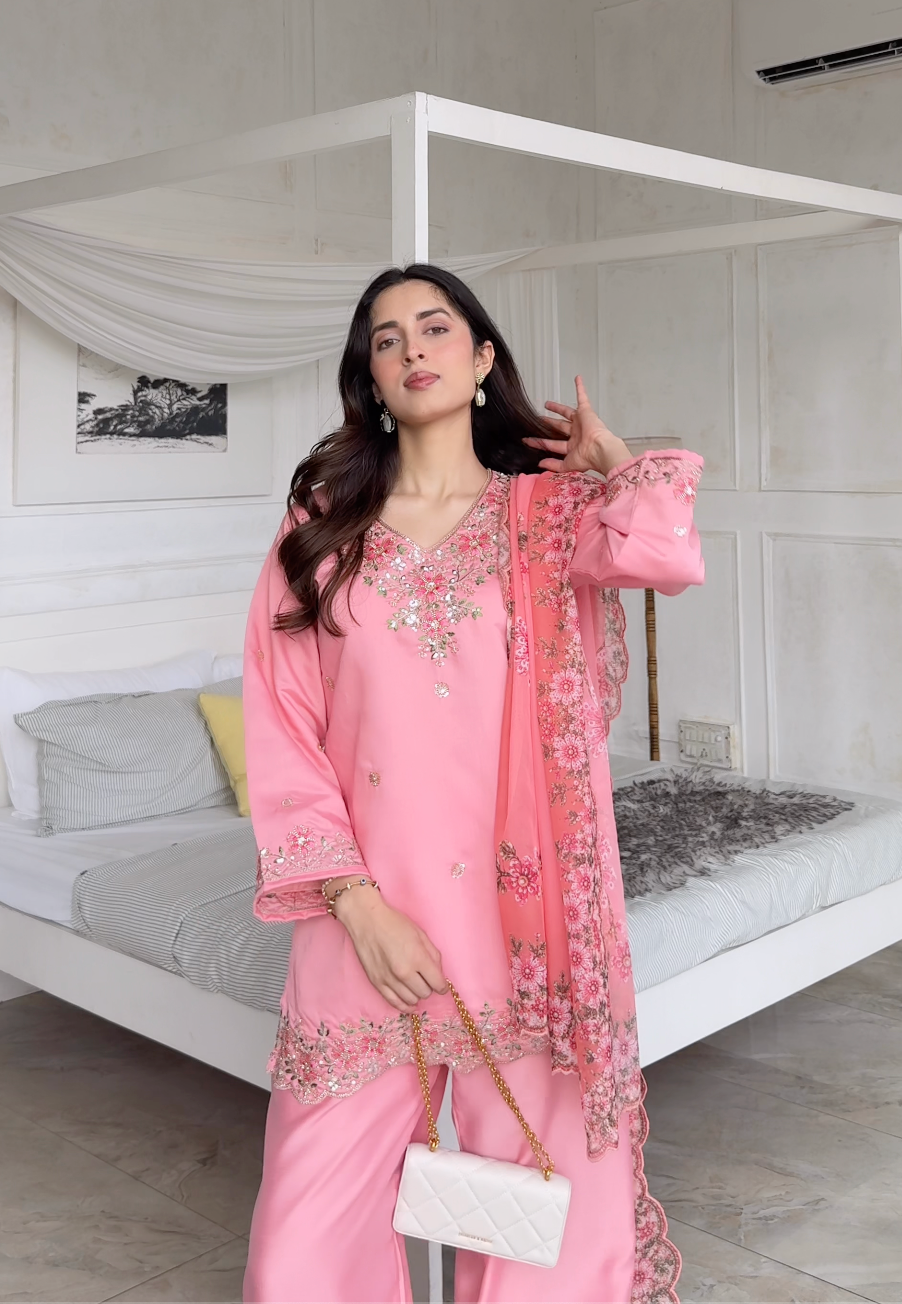 Vanshita in Mix Sequin Sheesha Silk Loose Pant Kurta Set in Pastel Pink