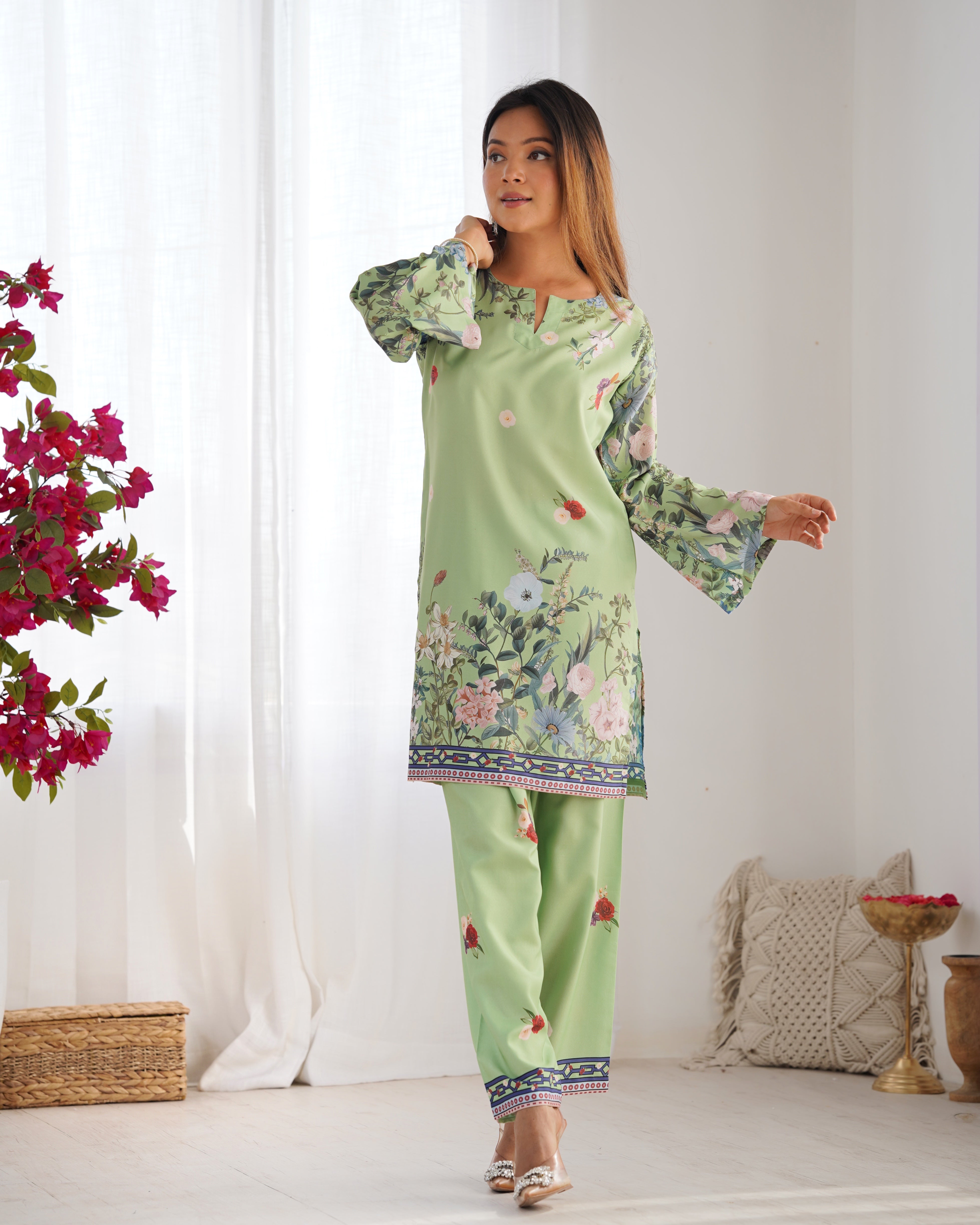 Aarti in Printkari Poly Muslin Co-ord set in Green