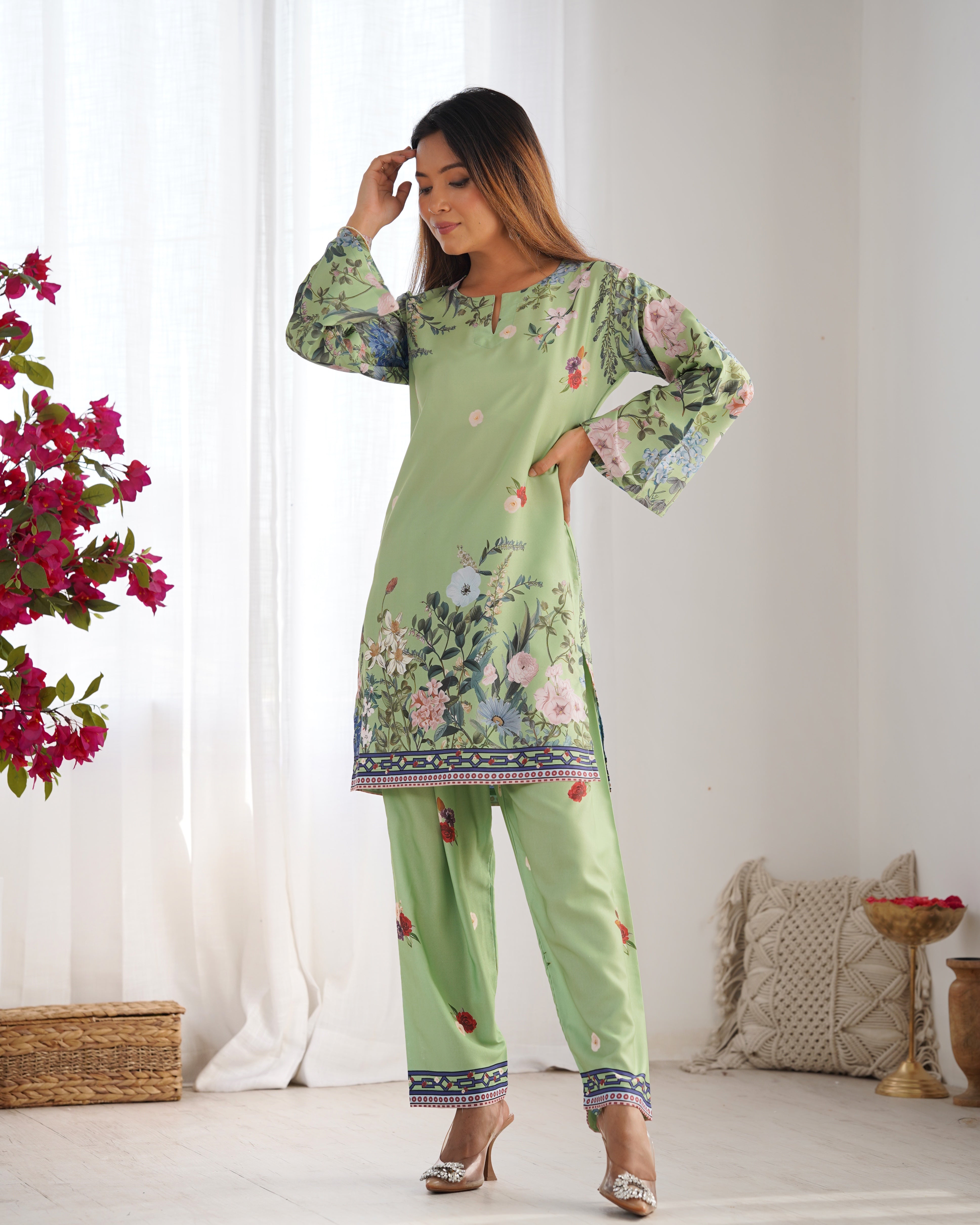 Aarti in Printkari Poly Muslin Co-ord set in Green