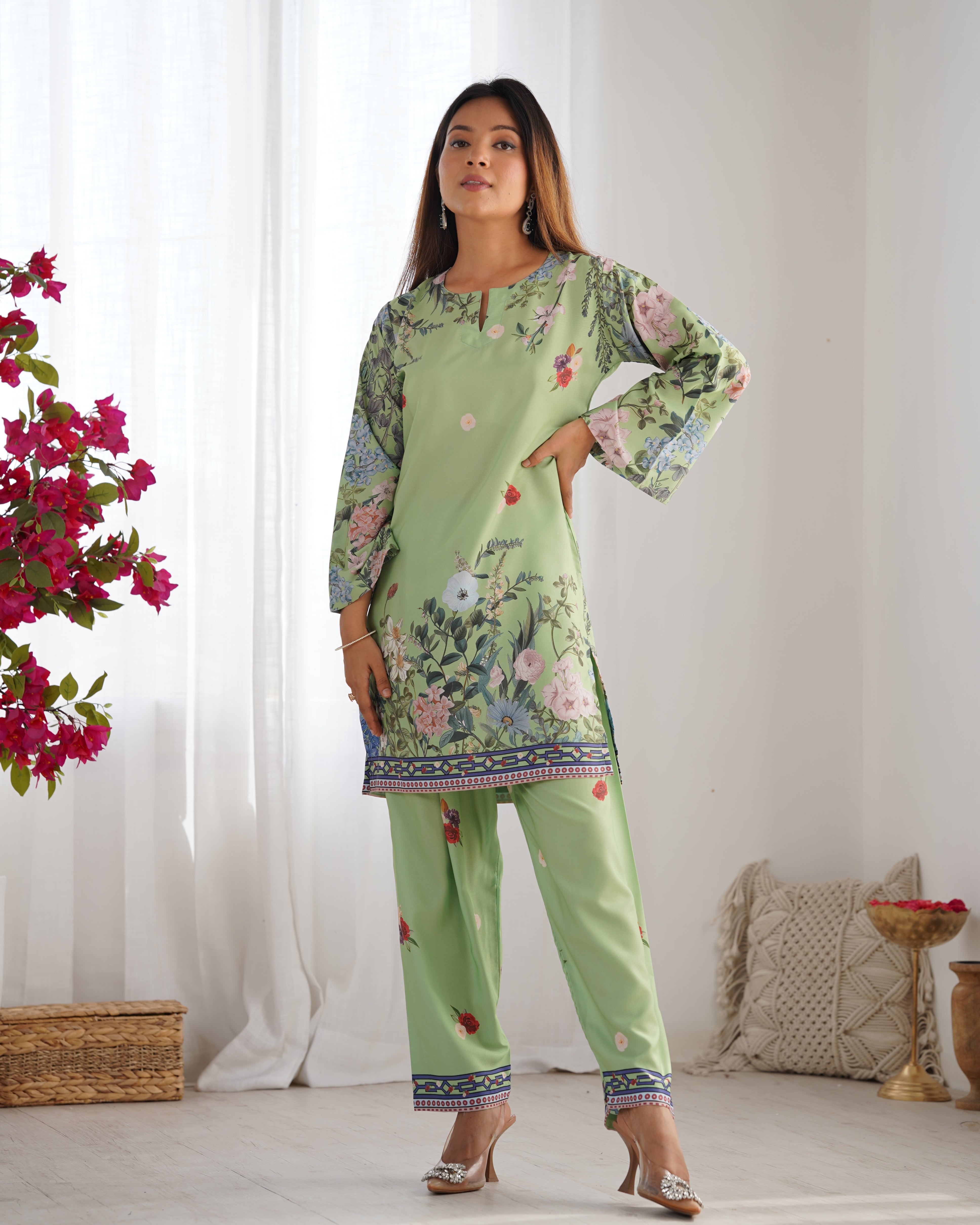 Aarti in Printkari Poly Muslin Co-ord set in Green