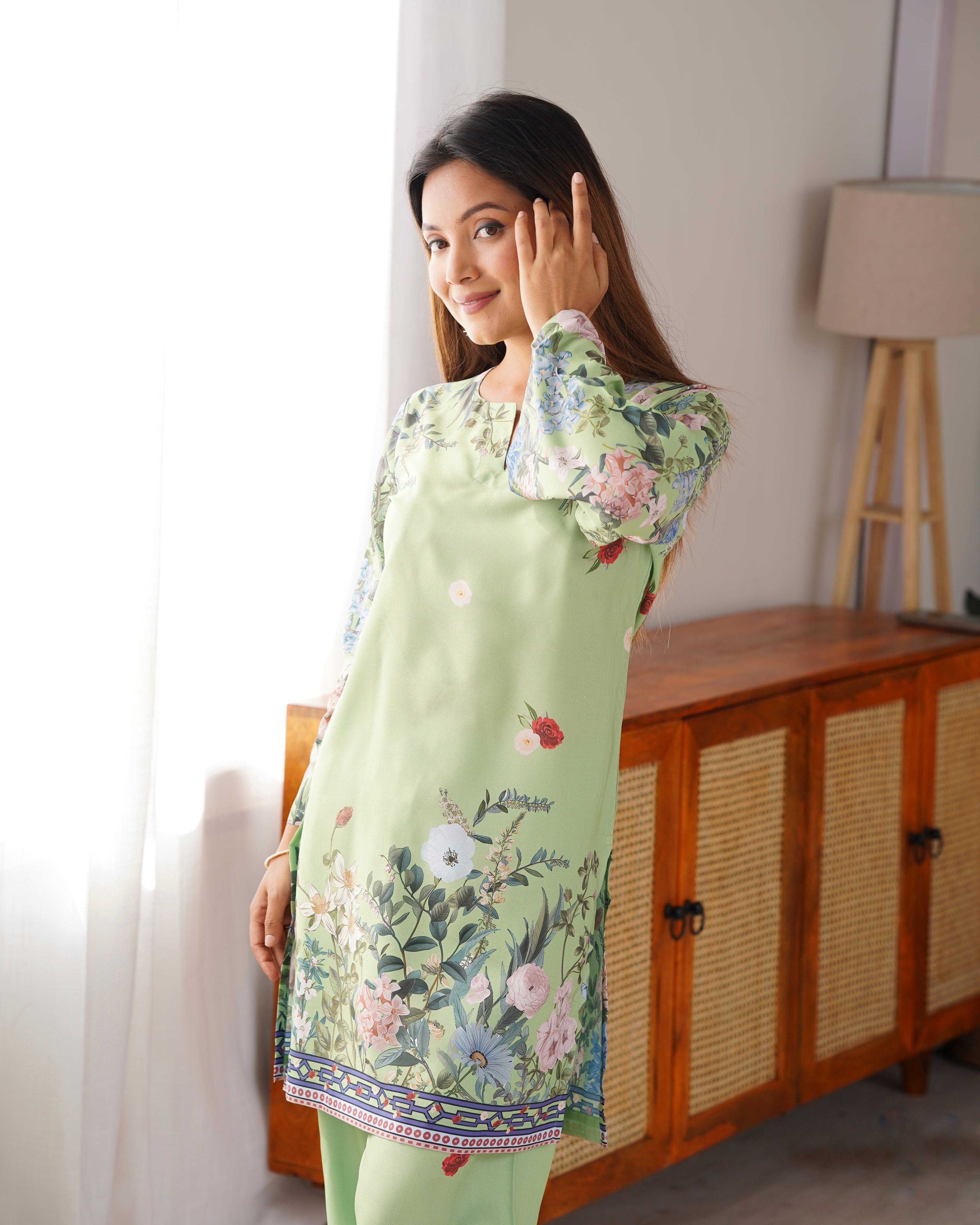 Aarti in Printkari Poly Muslin Co-ord set in Green