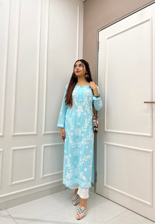 Sharmin in Chikankari Long Kurti In Modal Cotton  for Women- Blue