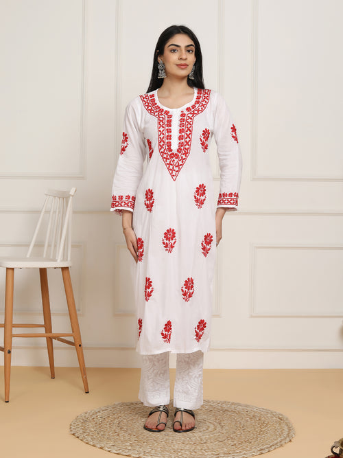 Saba Chikankari Set in  Mul cotton Kurta for Women - White with Red