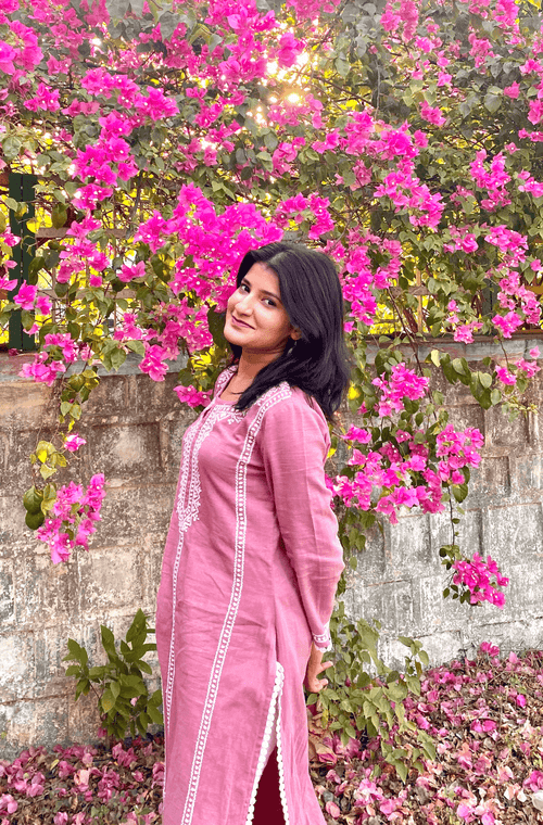 Aahila Pink sequins kurti with blue Floral organza