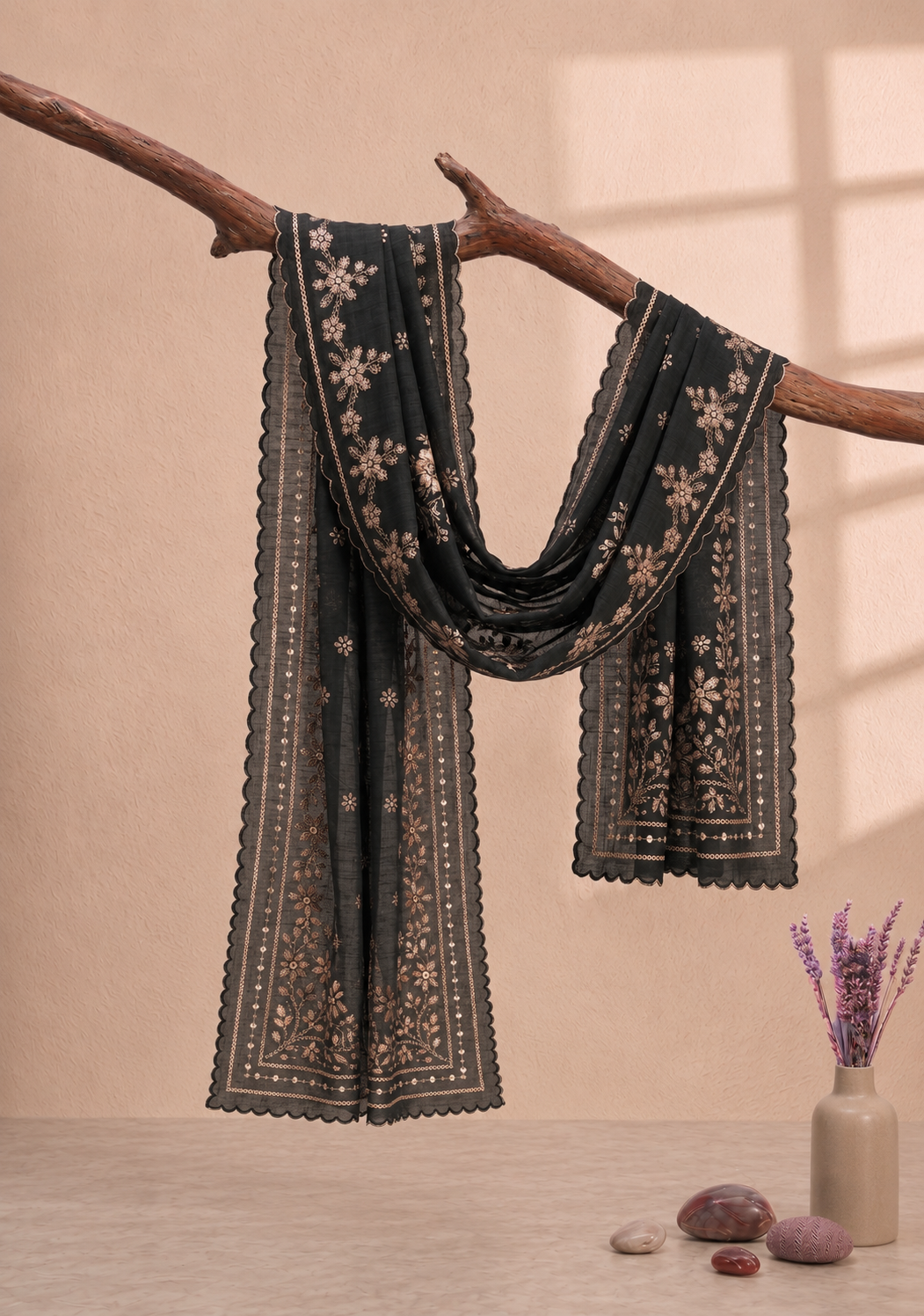 Printed Organza Dupatta in Black Rose Gold