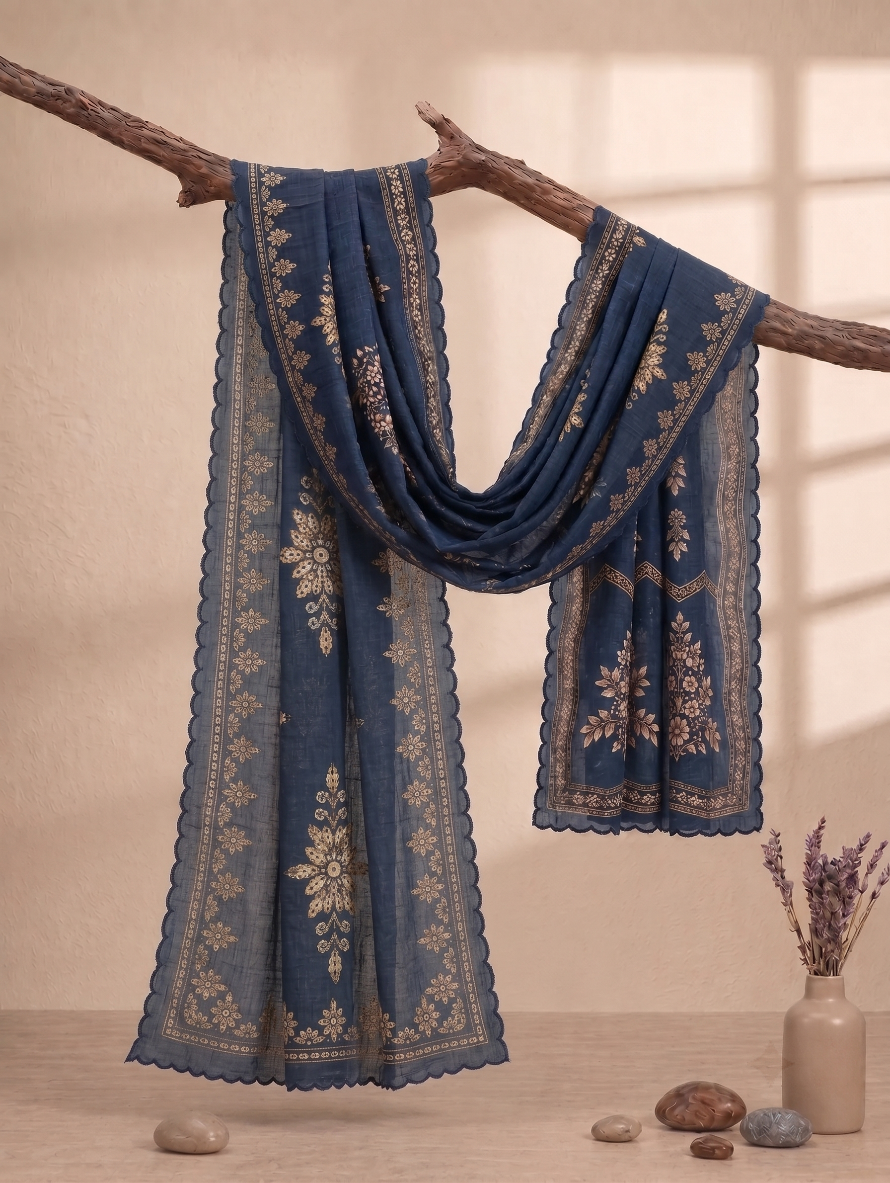 Printed Organza Dupatta in Navy Blue
