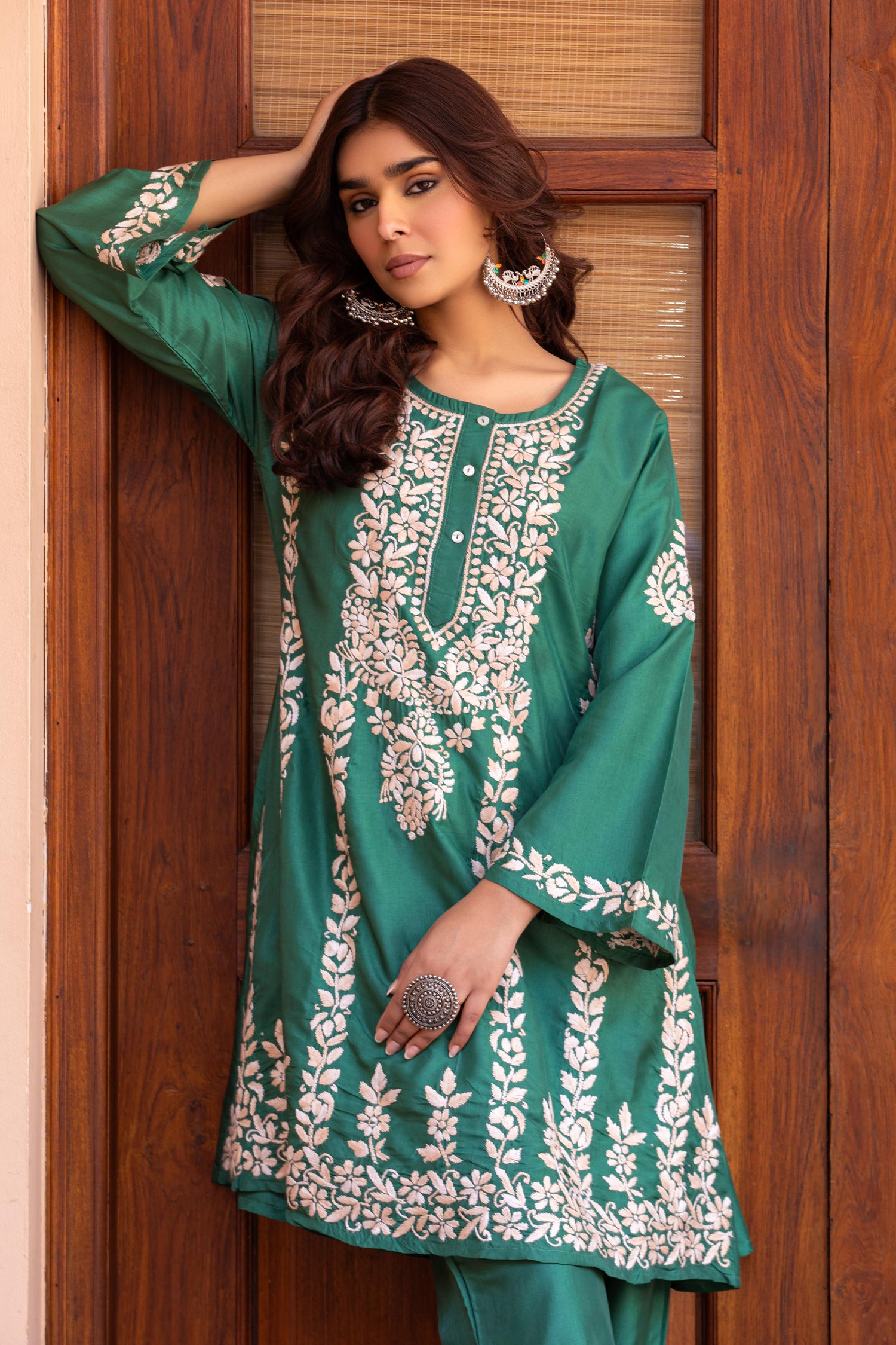 Saba Chikankari Kurta Set in Habutai Silk - Green