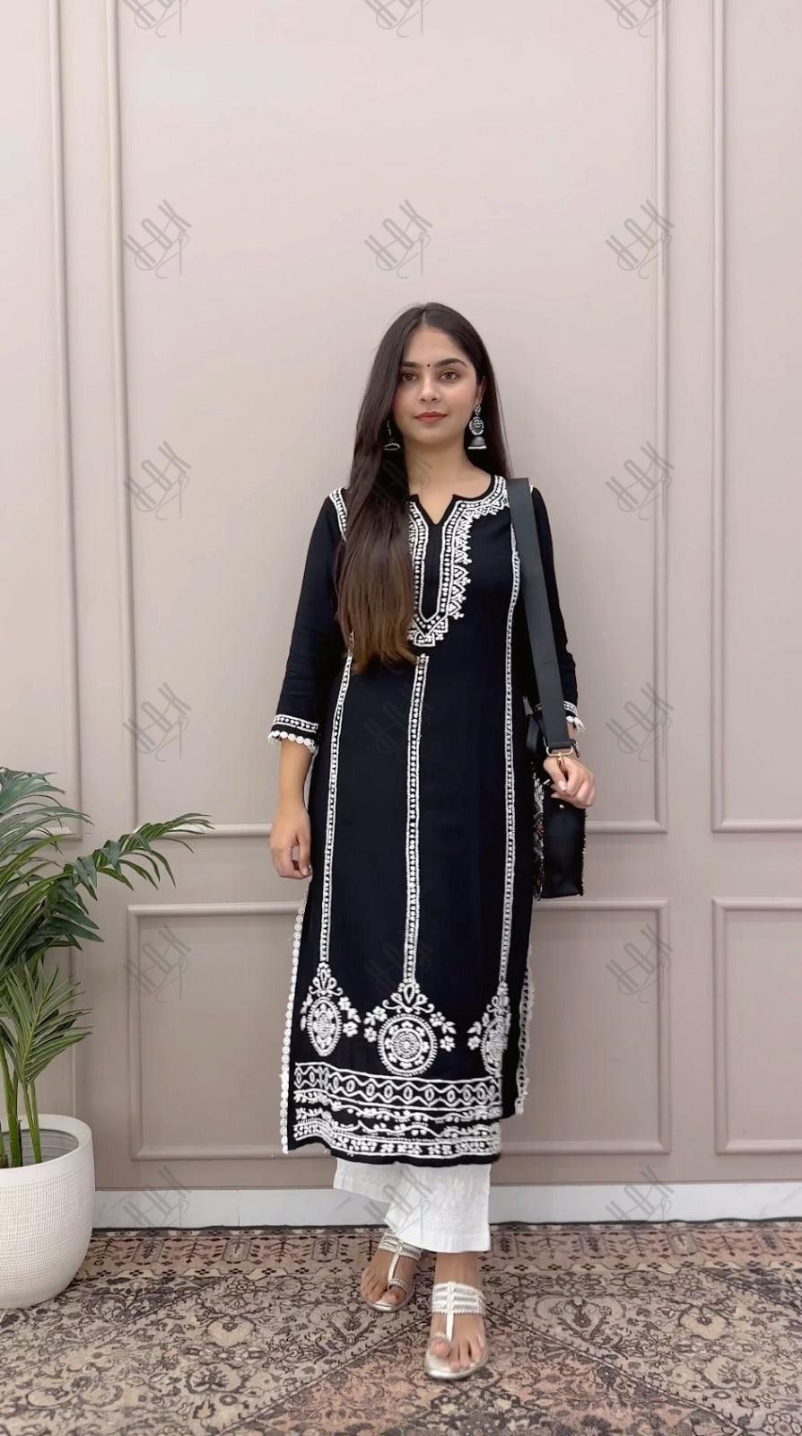 Sharmin in Chikankari Long Kurta in Rayon Cotton for Women- Black With White - House Of Kari (Chikankari Clothing)