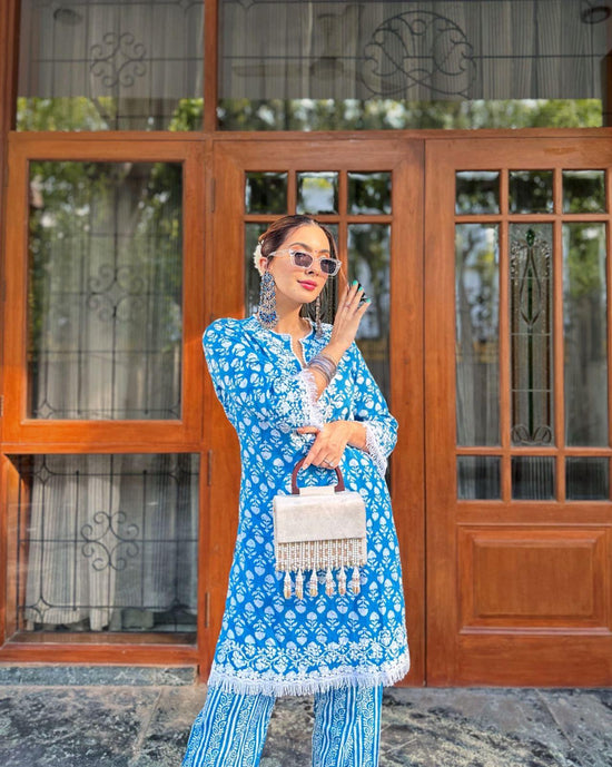 Nikki in House of kari Chikankari Co-ord set in Cotton for Women- Blue - House Of Kari (Chikankari Clothing)