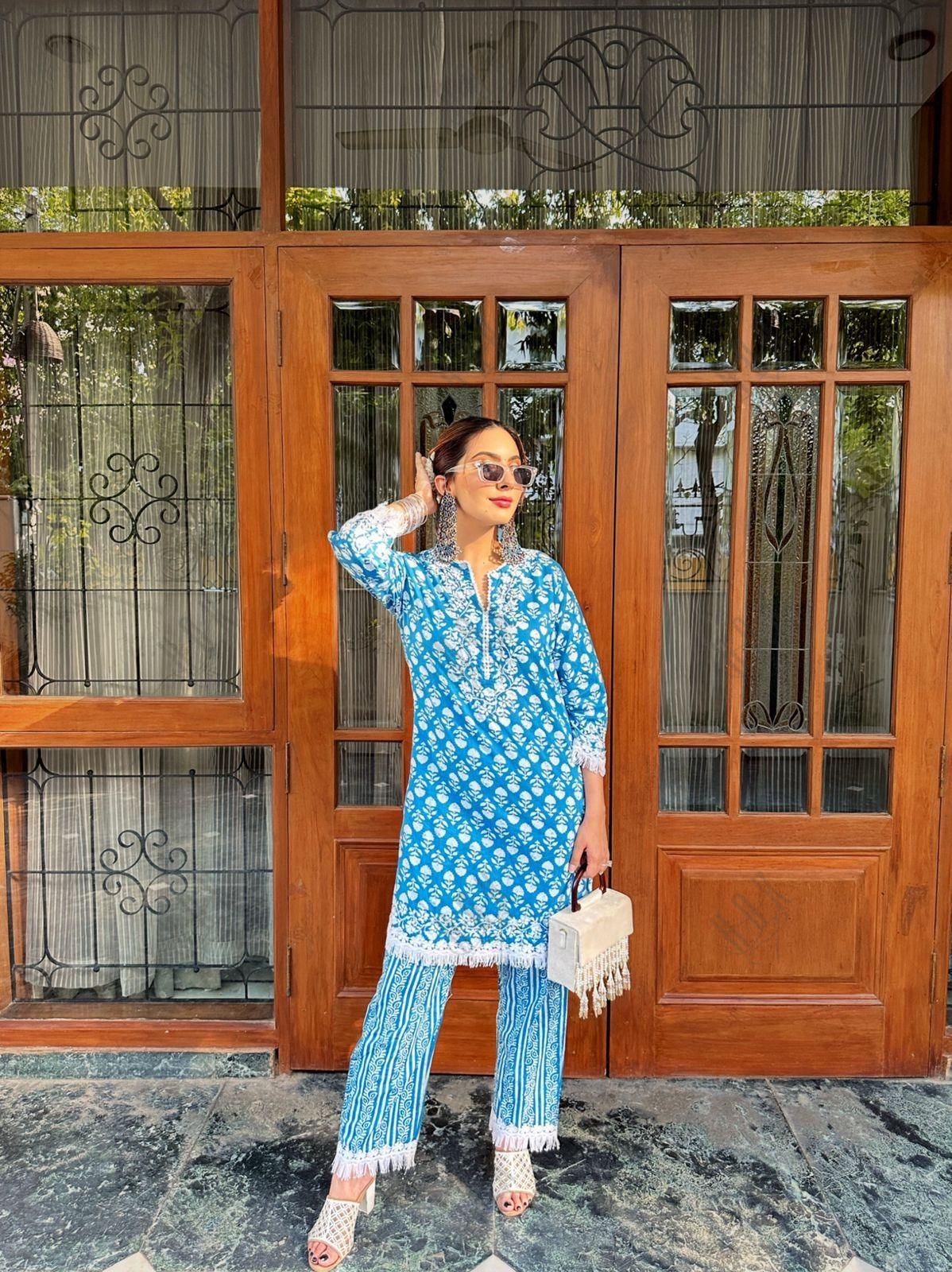 Nikki in House of kari Chikankari Co-ord set in Cotton for Women- Blue - House Of Kari (Chikankari Clothing)