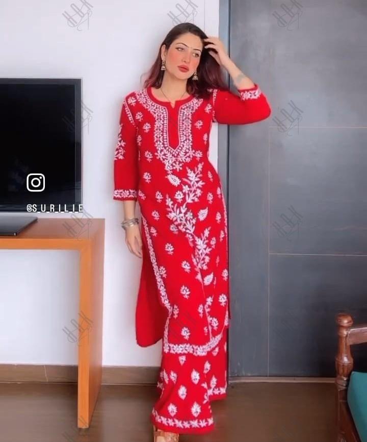 Surili Gautam in Premium Hand Embroidery Chikankari Co-Ord Set Red - House Of Kari (Chikankari Clothing)