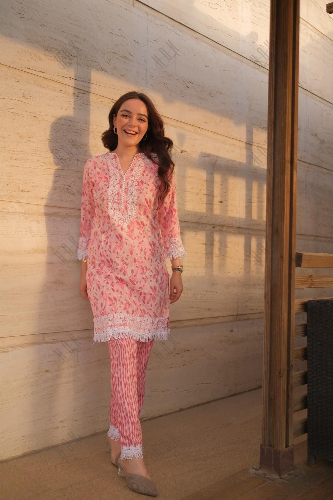 Simran in Samma Chikankari Co-ord set in Cotton for Women- Pink - House Of Kari (Chikankari Clothing)