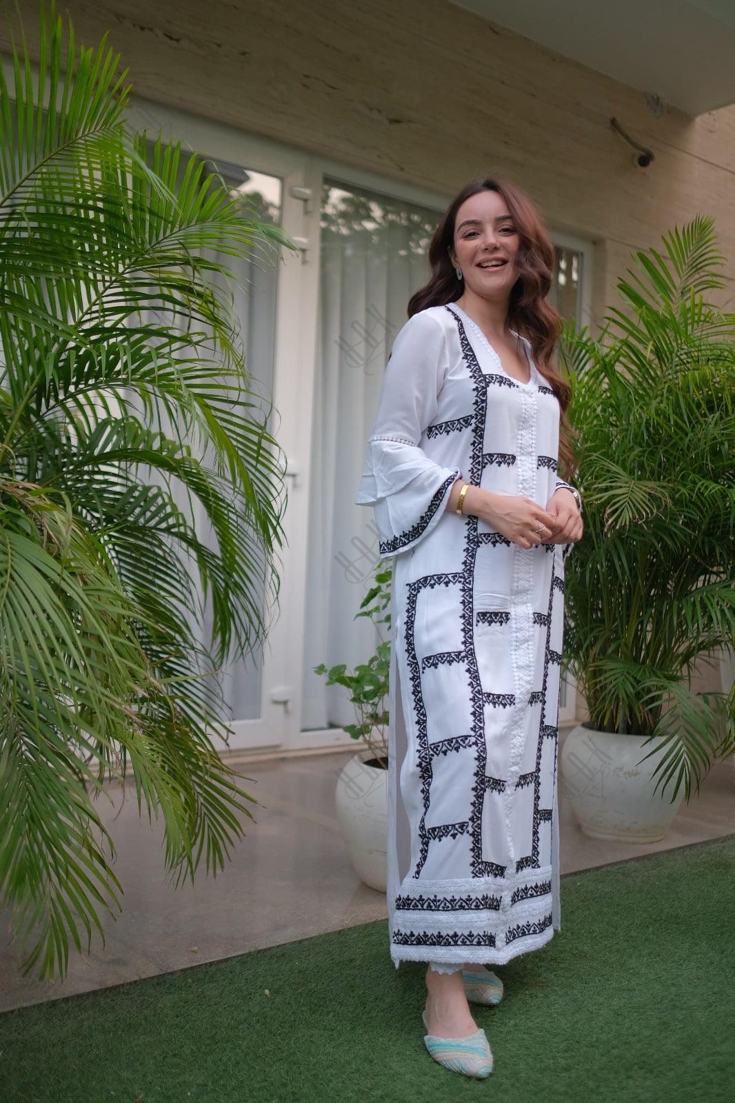 Simran in Samma Chikankari Long Kurta in Rayon Cotton for Women- White With Black - House Of Kari (Chikankari Clothing)