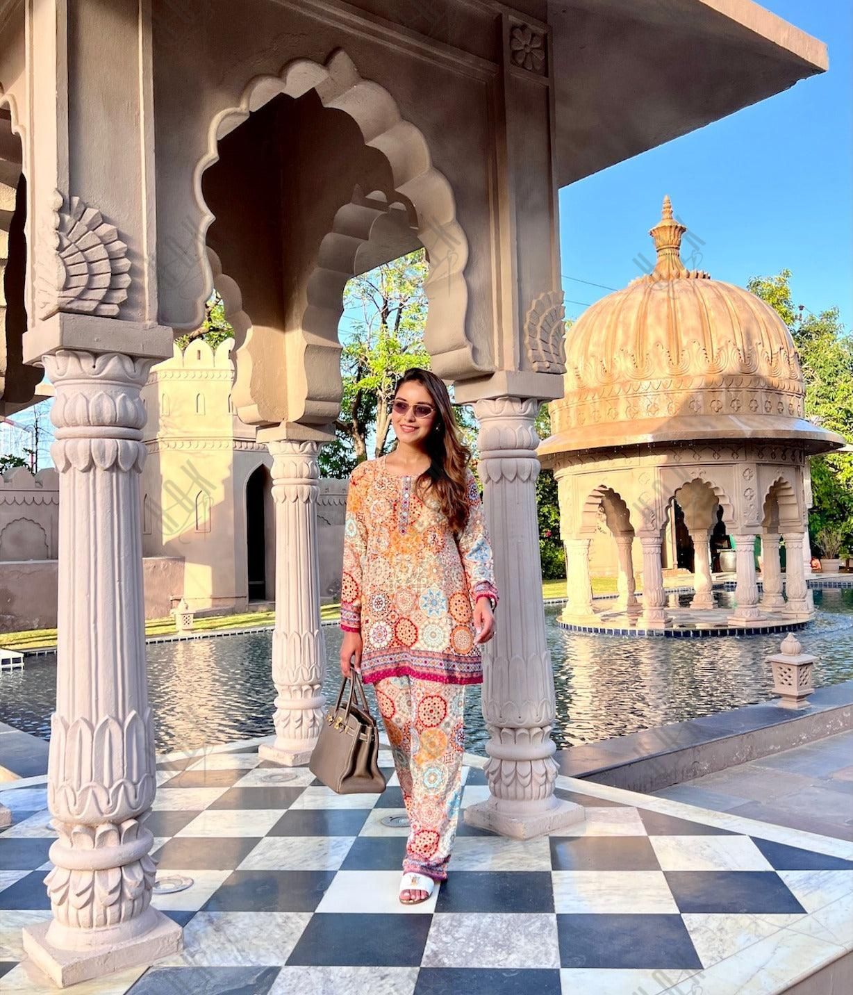 Shivani Girdhar in Samma Chikankari Co-ord Set in Polysilk for Women- Orange multicolour Print - House Of Kari (Chikankari Clothing)