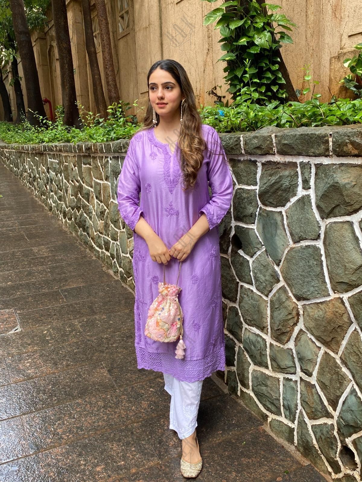 Amita in Chikankari Long Kurta in Chanderi Silk for Women - Purple - House Of Kari (Chikankari Clothing)