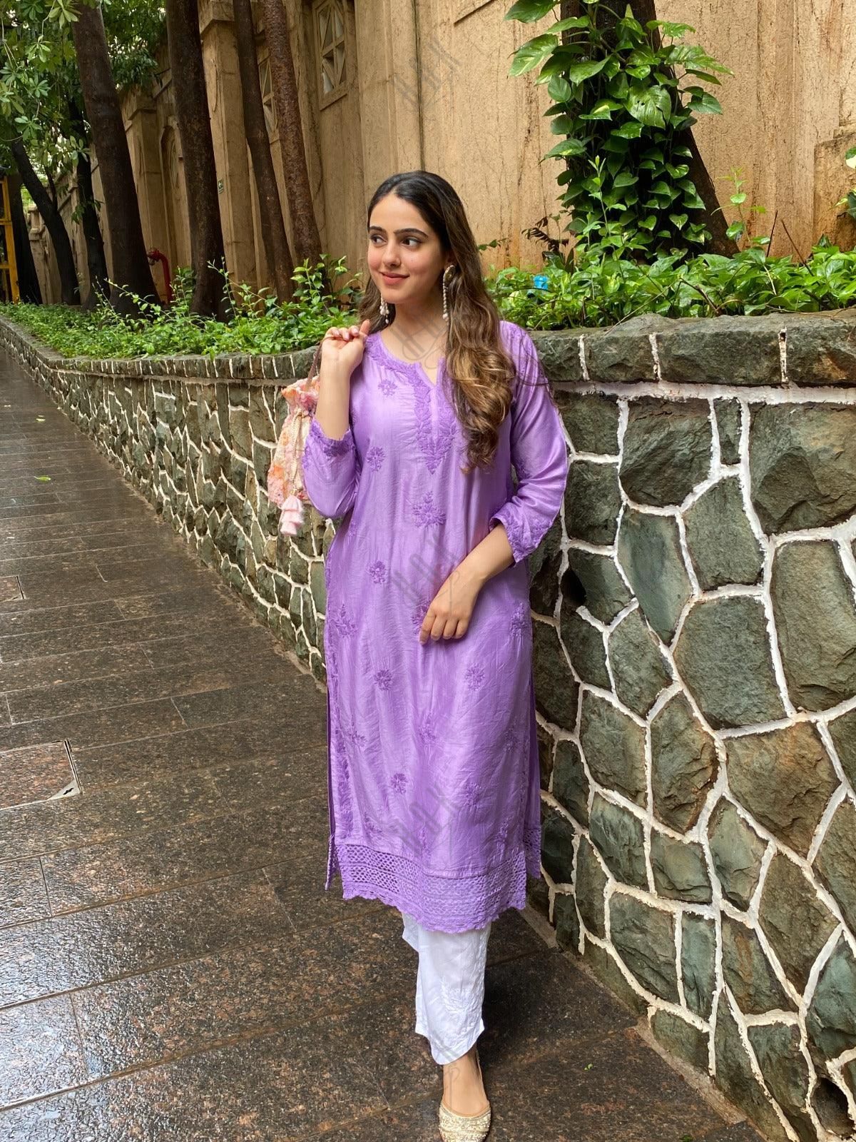 Amita in Chikankari Long Kurta in Chanderi Silk for Women - Purple - House Of Kari (Chikankari Clothing)