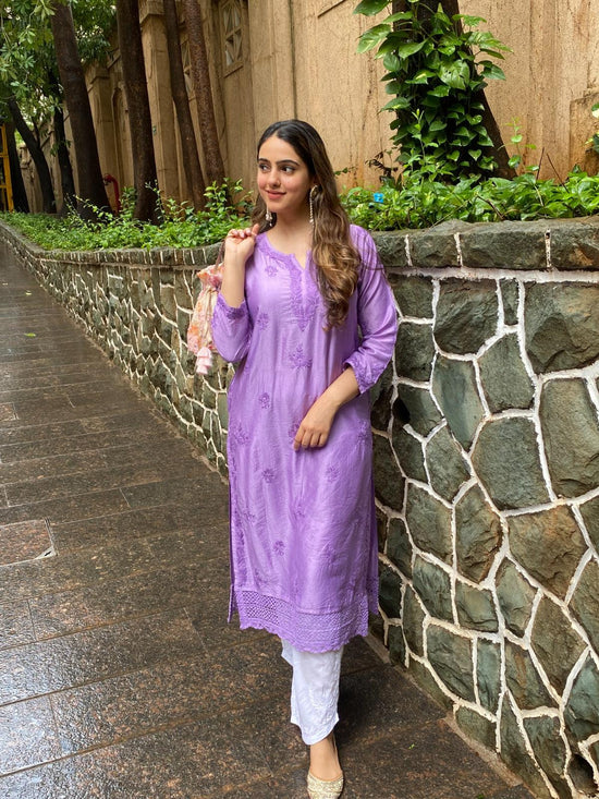 Load image into Gallery viewer, Amita in Chikankari Long Kurta in Chanderi Silk for Women - Purple - House Of Kari (Chikankari Clothing)
