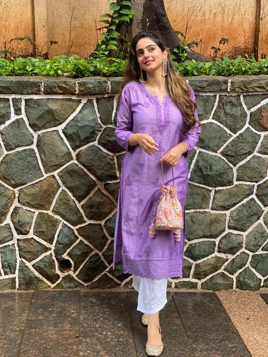 Amita in Chikankari Long Kurta in Chanderi Silk for Women - Purple - House Of Kari (Chikankari Clothing)