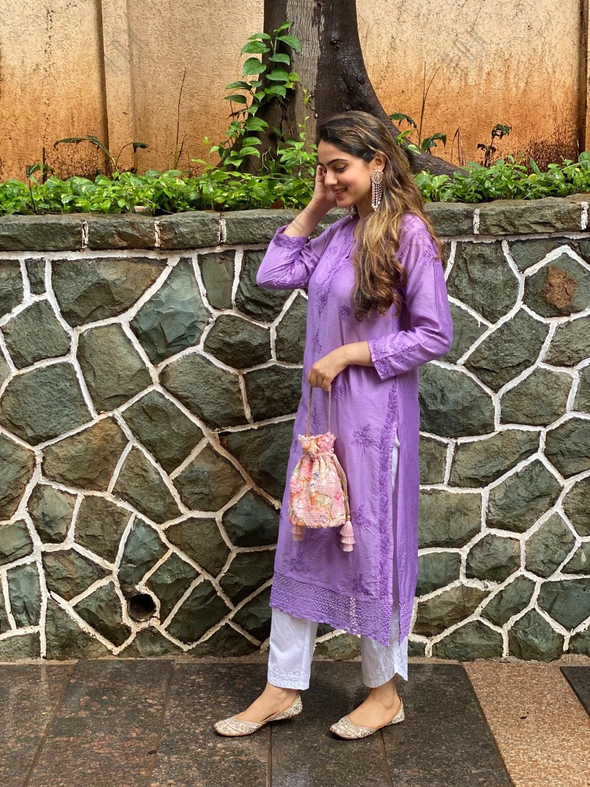 Amita in Chikankari Long Kurta in Chanderi Silk for Women - Purple - House Of Kari (Chikankari Clothing)