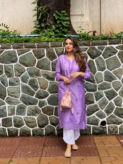 Amita in Chikankari Long Kurta in Chanderi Silk for Women - Purple - House Of Kari (Chikankari Clothing)
