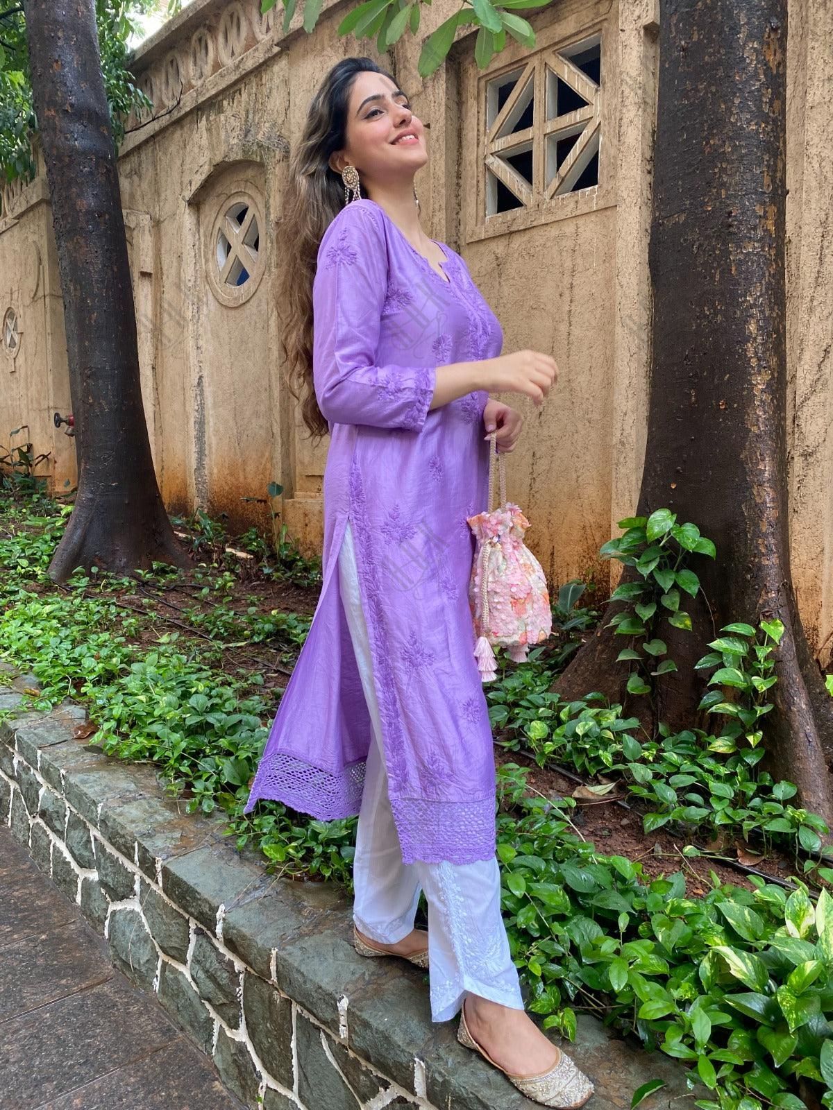 Amita in Chikankari Long Kurta in Chanderi Silk for Women - Purple - House Of Kari (Chikankari Clothing)