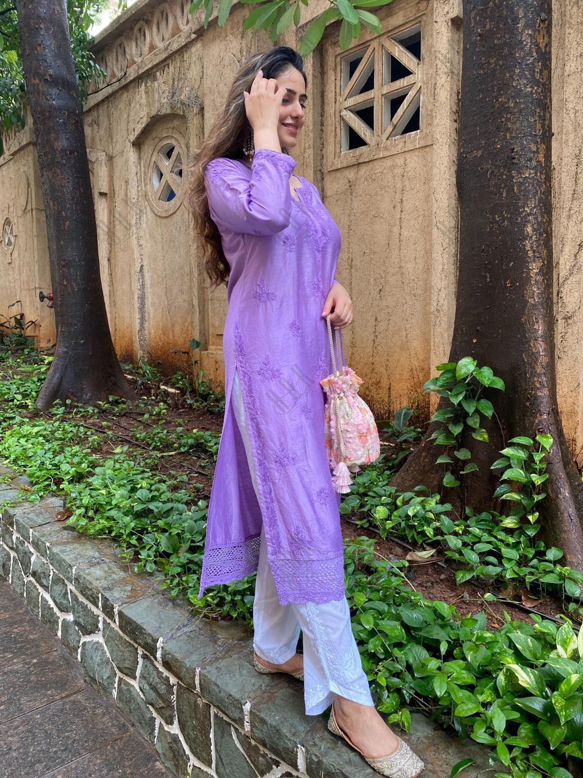 Amita in Chikankari Long Kurta in Chanderi Silk for Women - Purple - House Of Kari (Chikankari Clothing)