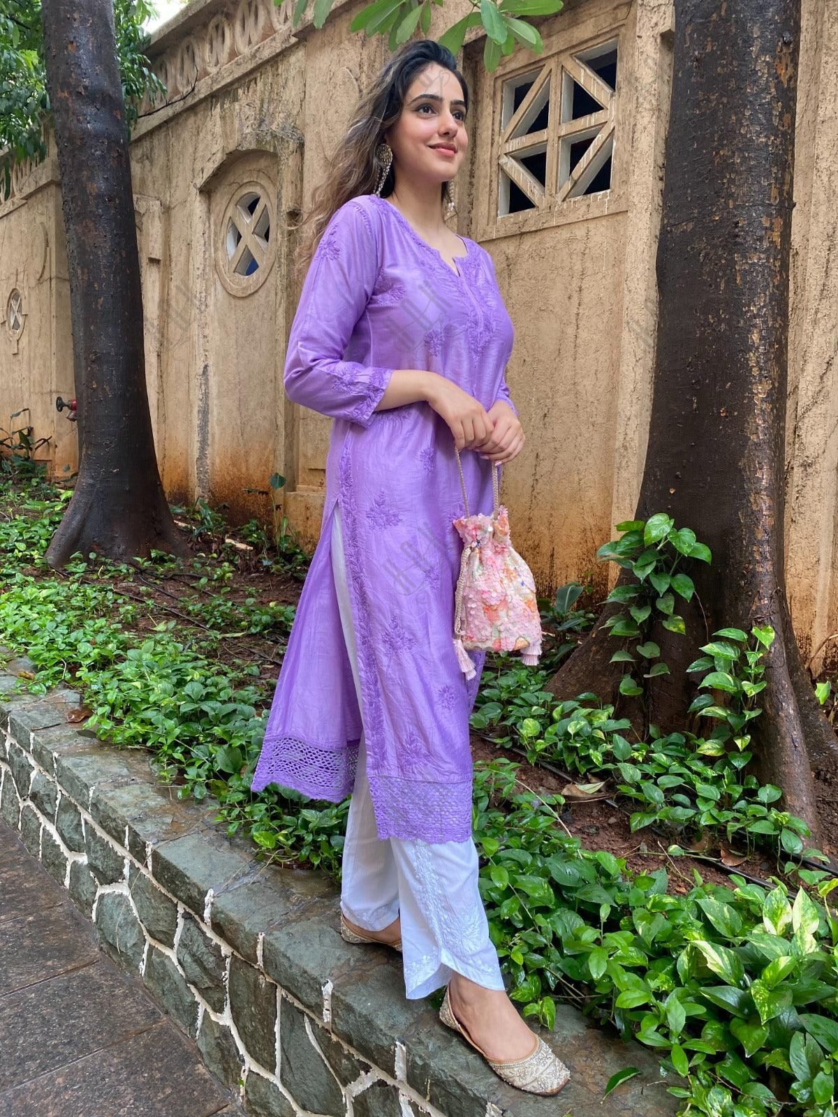 Amita in Chikankari Long Kurta in Chanderi Silk for Women - Purple - House Of Kari (Chikankari Clothing)