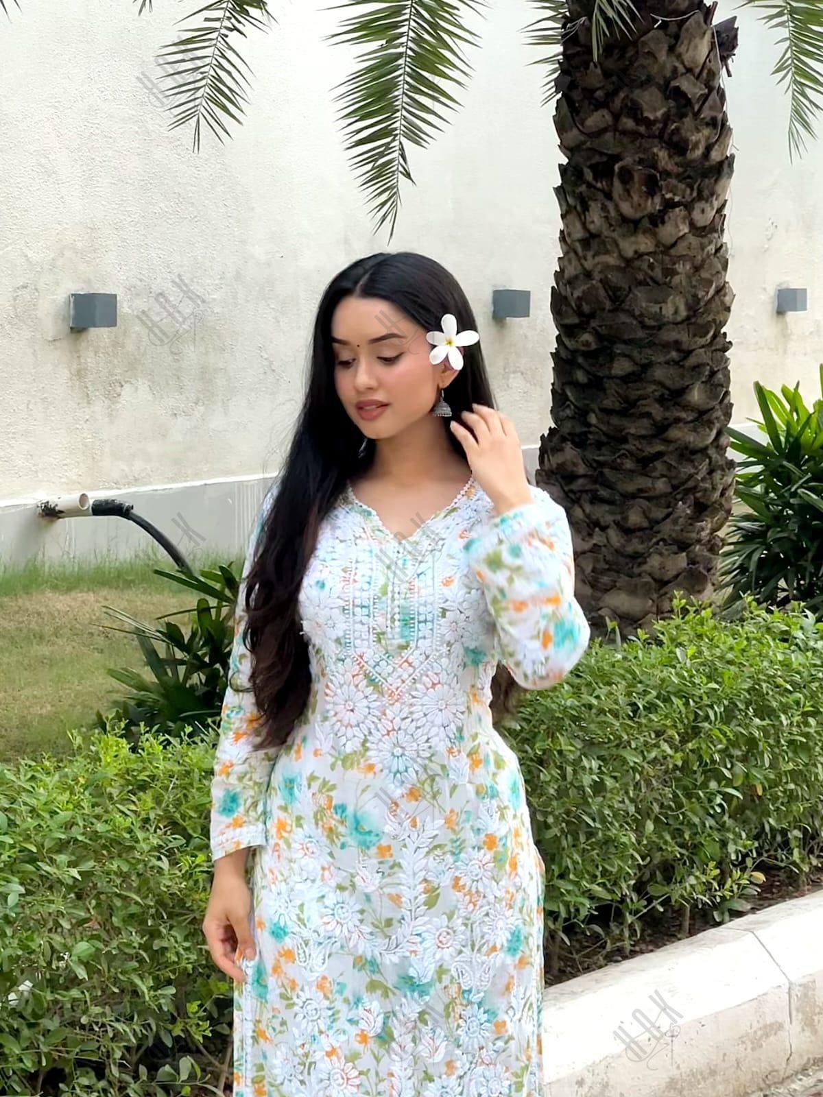 Sukruti in Charming Long Mul Cotton Kurta - Light Green with Yellow Flower - House Of Kari (Chikankari Clothing)