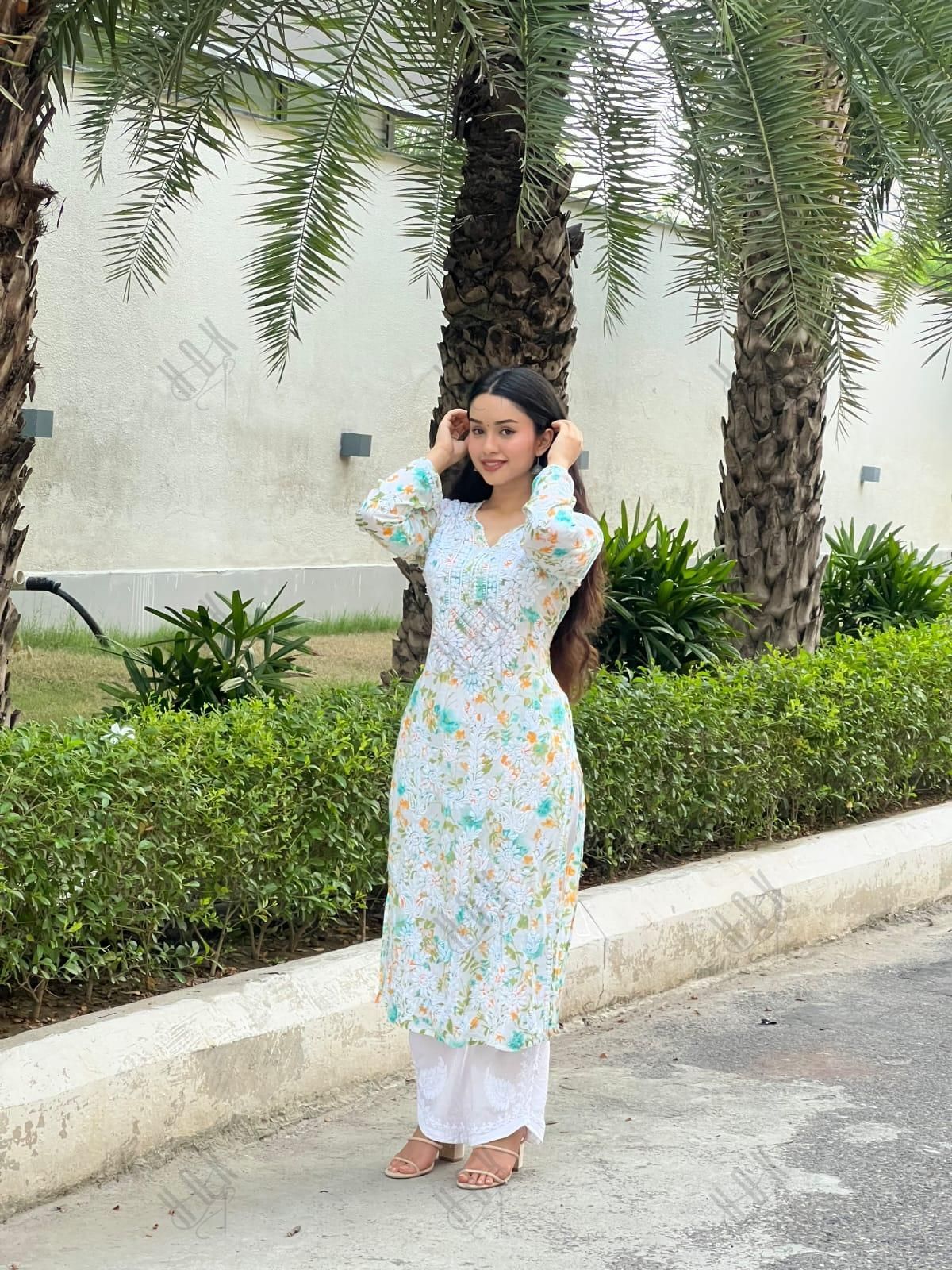 Sukruti in Charming Long Mul Cotton Kurta - Light Green with Yellow Flower - House Of Kari (Chikankari Clothing)