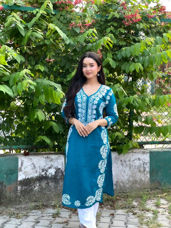 Sukriti in Charming Chikankari Long Cotton Kurta for Women - Turquoise Blue - House Of Kari (Chikankari Clothing)