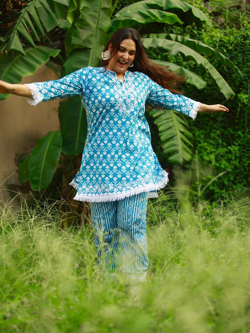 Sakshi in House of kari Chikankari Co-ord set in Cotton for Women- Blue - House Of Kari (Chikankari Clothing)