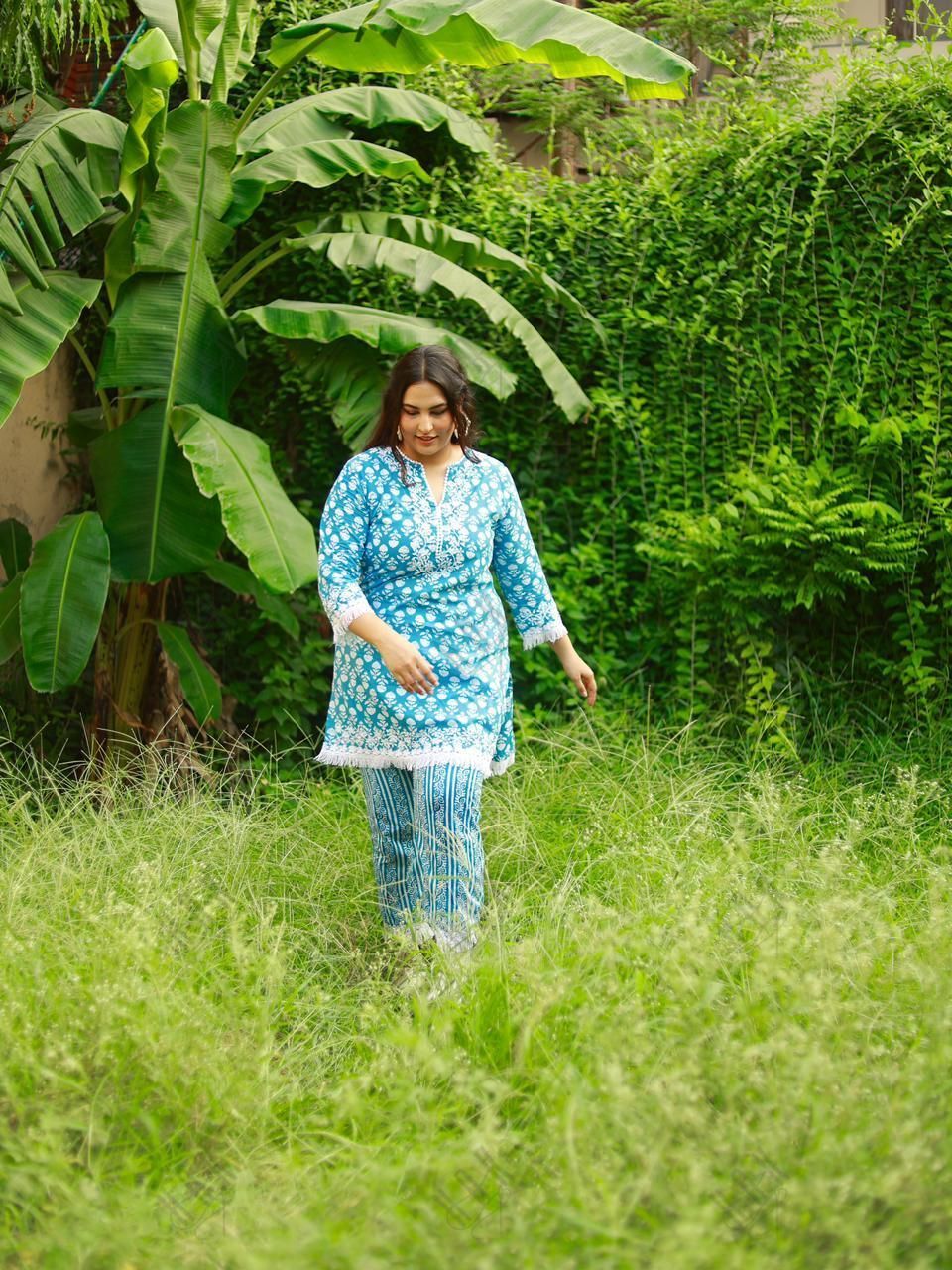 Sakshi in House of kari Chikankari Co-ord set in Cotton for Women- Blue - House Of Kari (Chikankari Clothing)