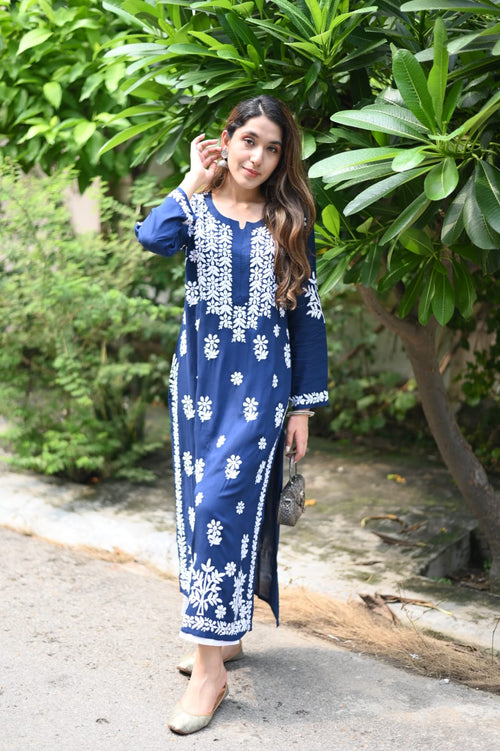 Blue Chikankari Kurta in Modal Cotton - House Of Kari (Chikankari Clothing)