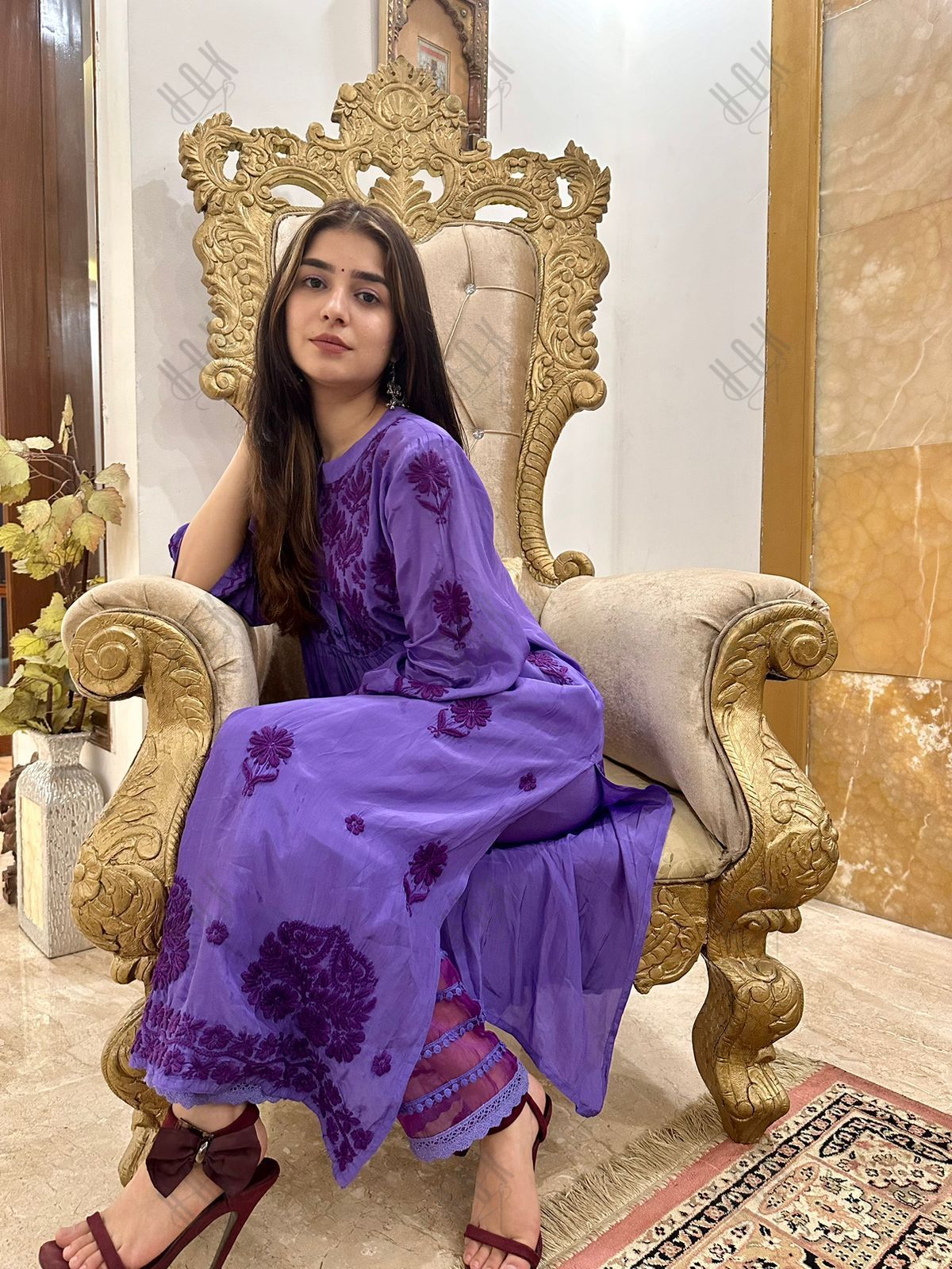 Ada in Chikankari Crepe Silk Kurta for Women in Purple Spraed Collar