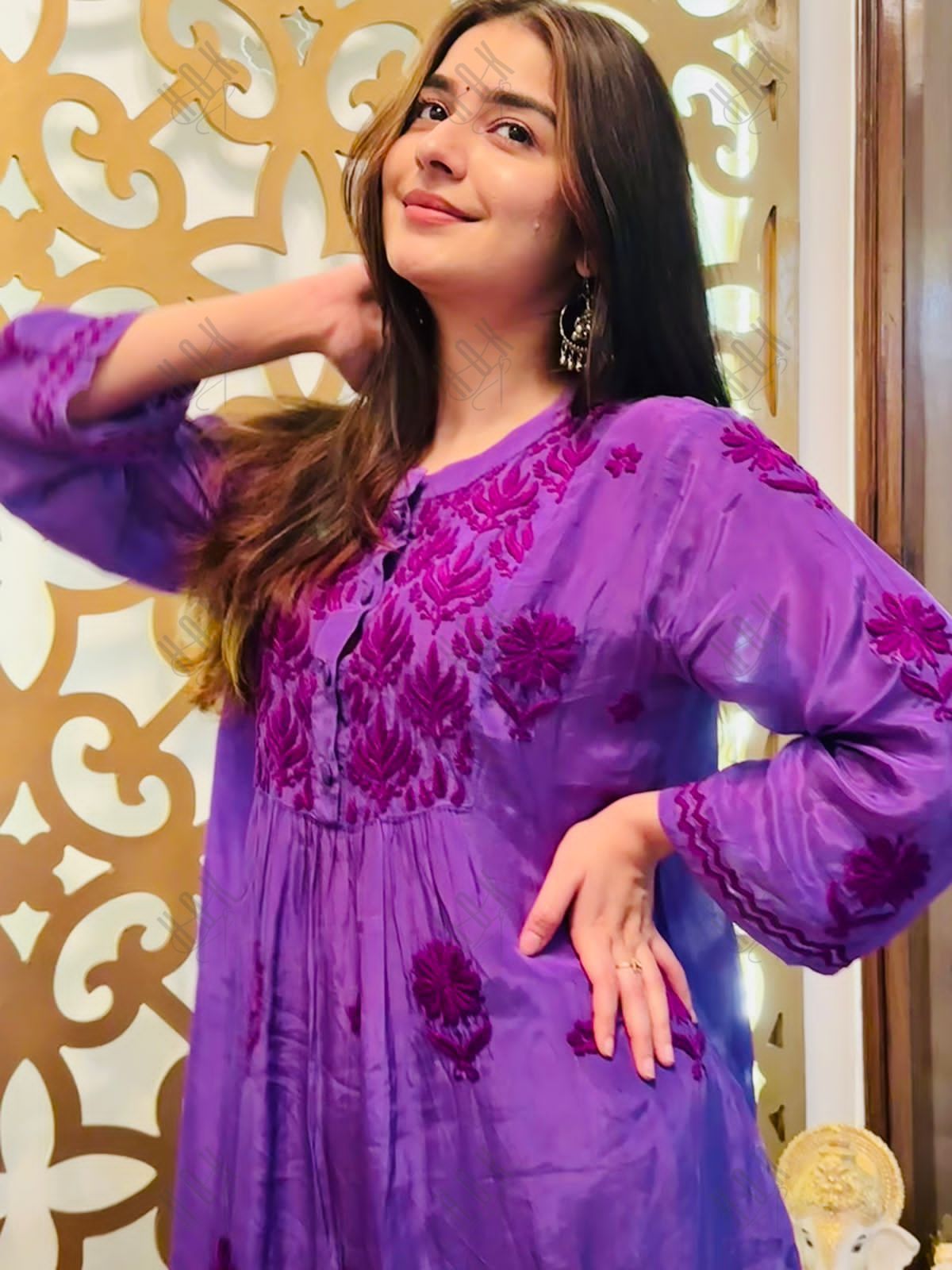 Ada in Chikankari Crepe Silk Kurta for Women in Purple Spraed Collar