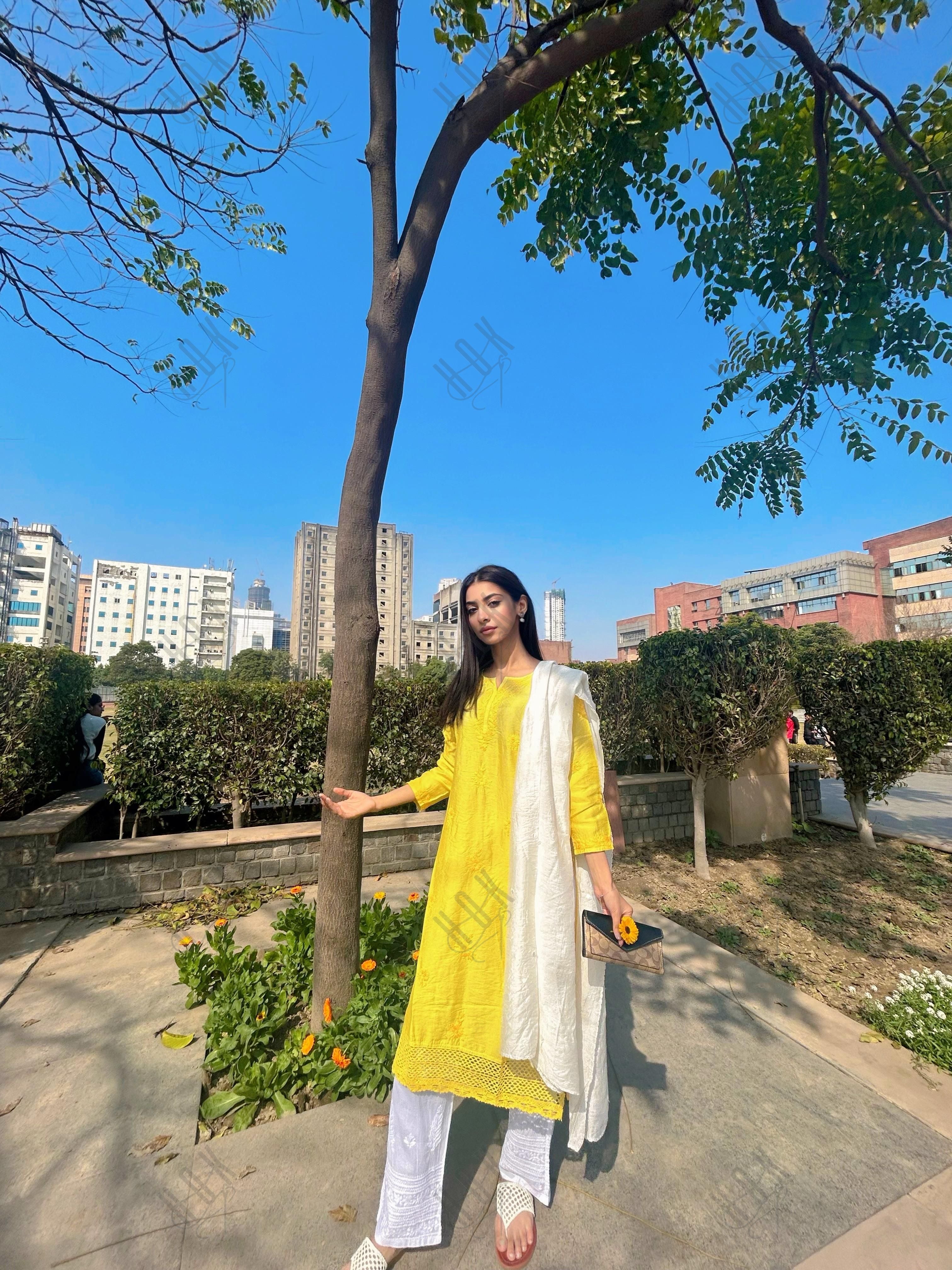 Jhanvi in Fizaa Chikankari Long Kurta in Chanderi Silk for Women - Yellow