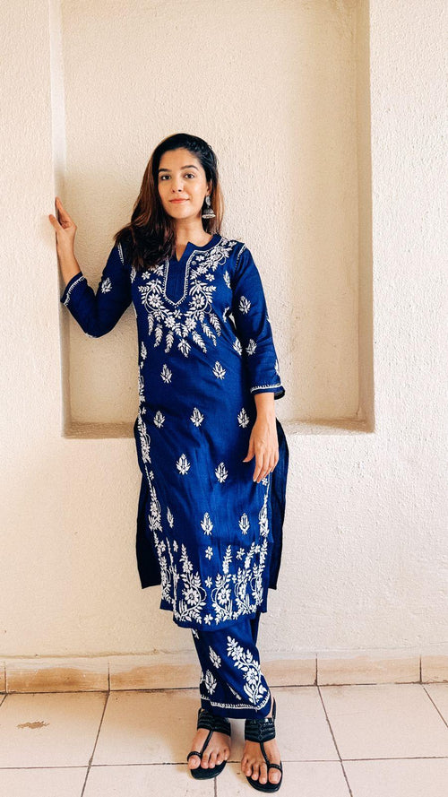 Soha Ali Khan Pataudi in House of Kari Hand Embroidery Chikankari CO-ORD set for Women In Navy Blue - House Of Kari (Chikankari Clothing)