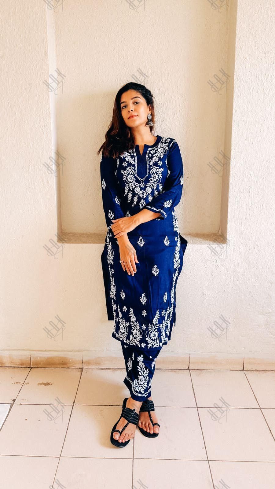 Soha Ali Khan Pataudi in House of Kari Hand Embroidery Chikankari CO-ORD set for Women In Navy Blue - House Of Kari (Chikankari Clothing)