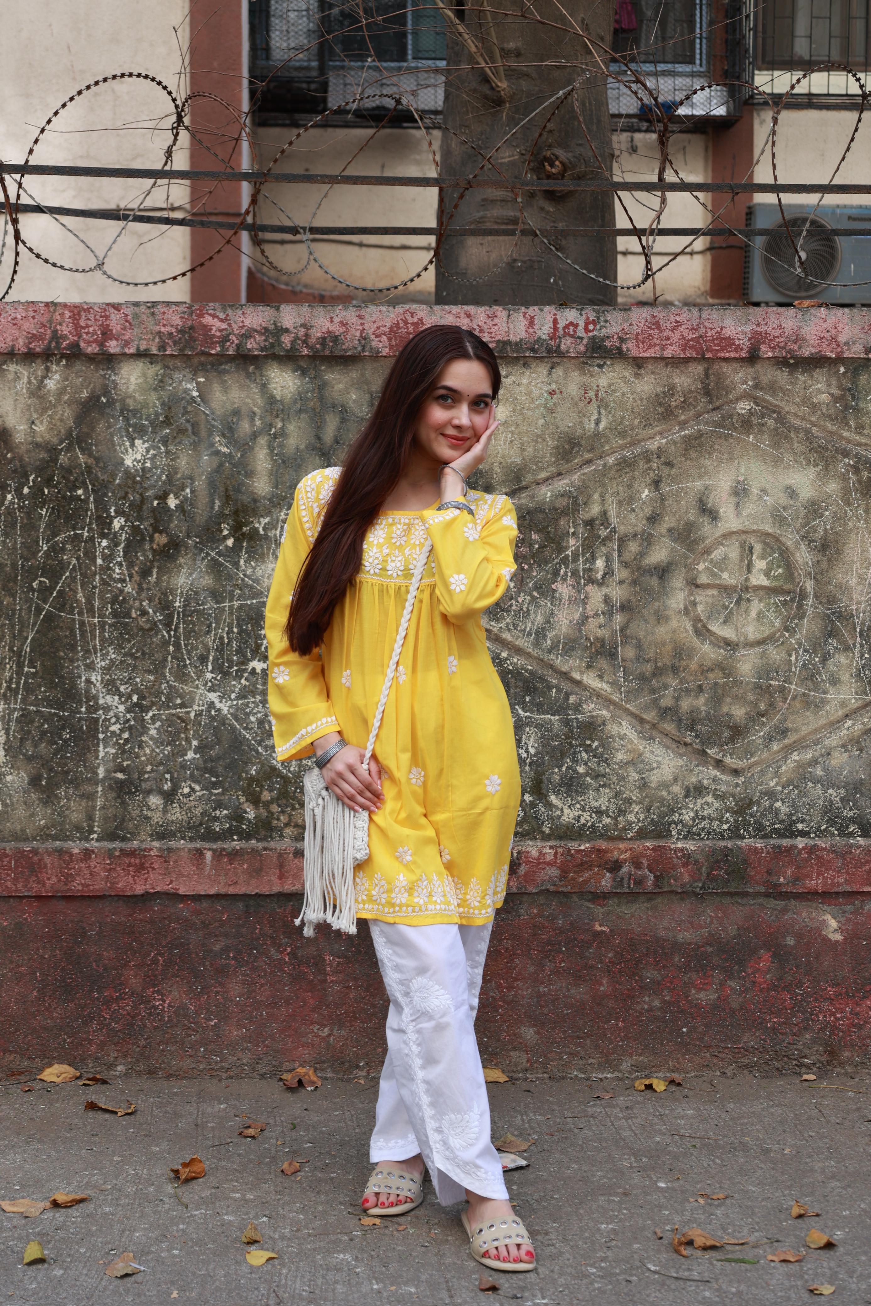 Rishita in Cotton Chikankari Short Kurta in Yellow