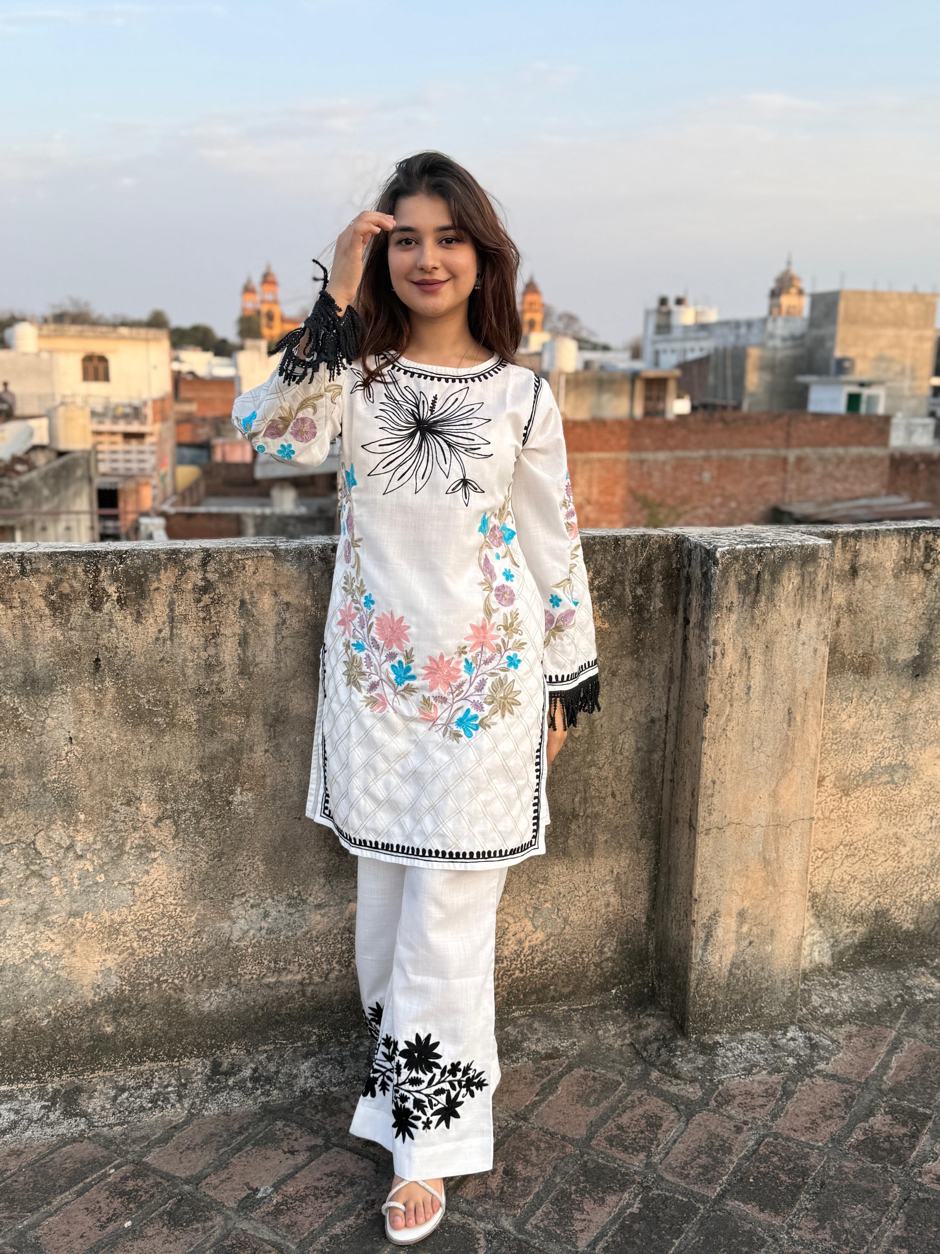 ADA in Falak Kashmiri Kurta Set - White