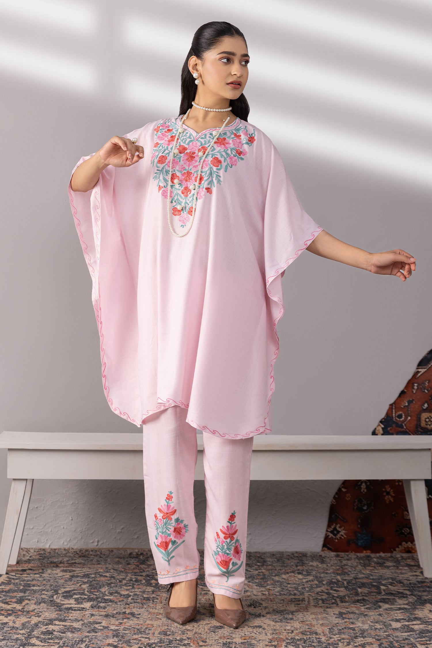 Cotton Kaftan Set in Kashmiri Aari - Pink