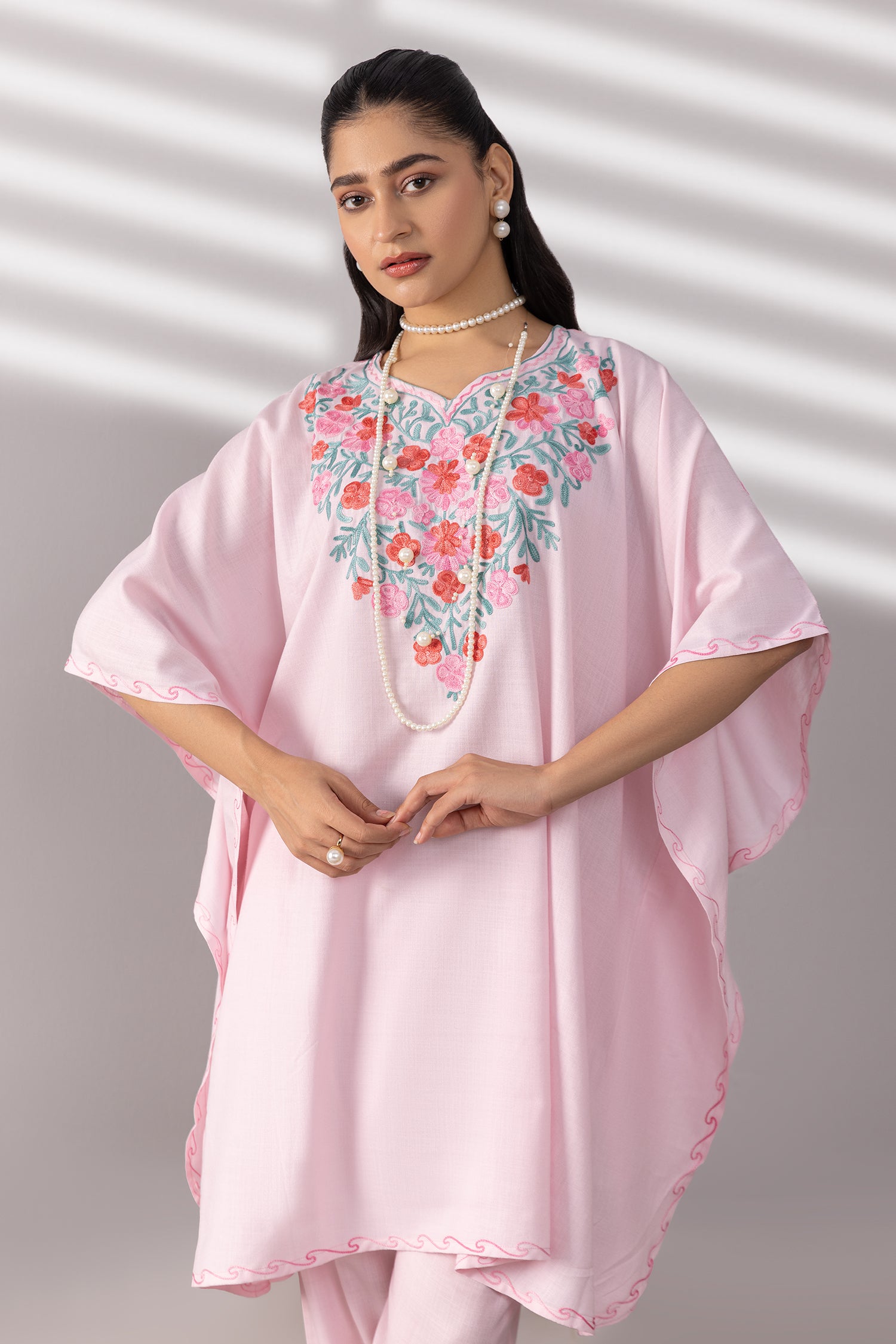Cotton Kaftan Set in Kashmiri Aari - Pink