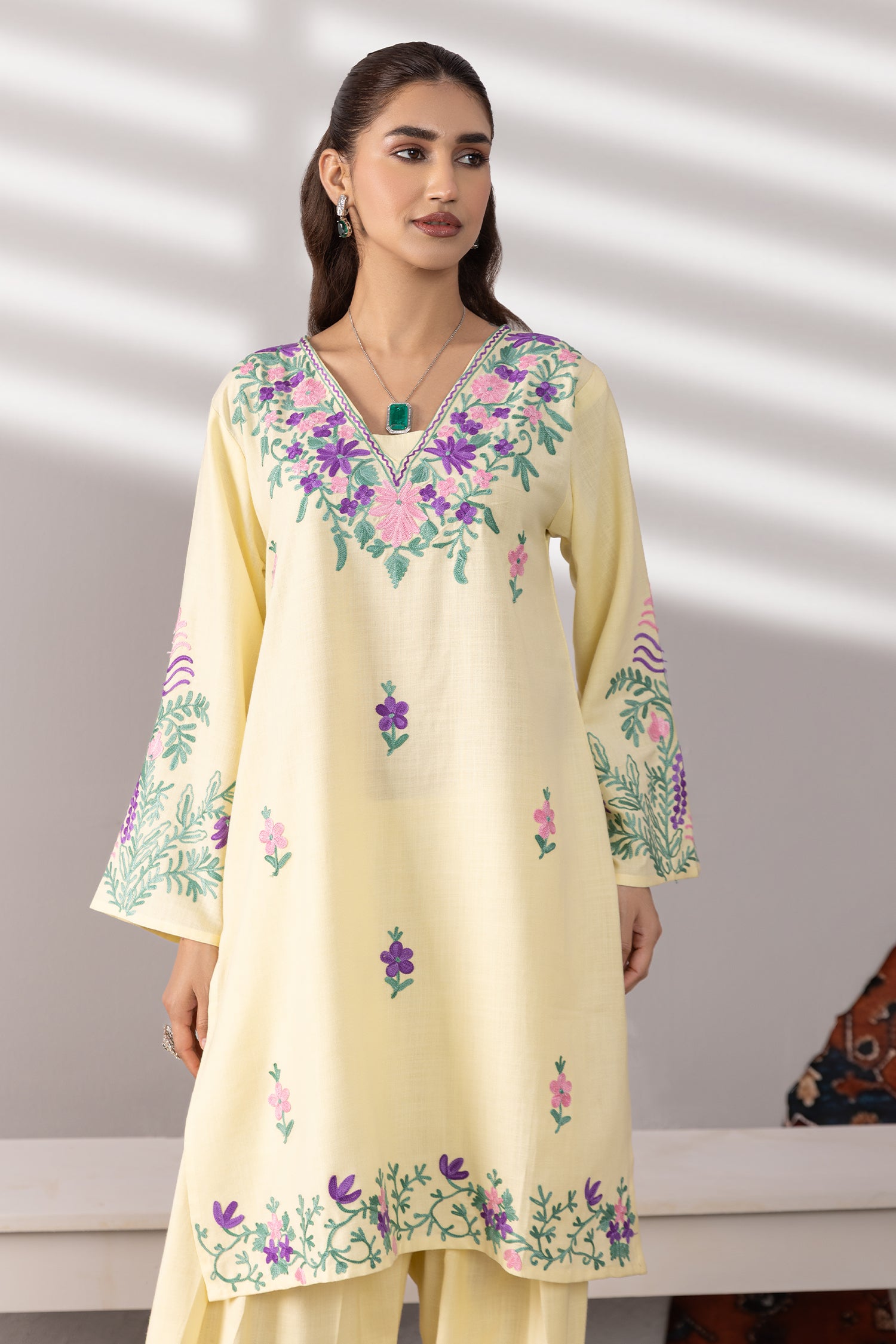 Cotton Kurta Set in Kashmiri Aari -  Pastel Yellow