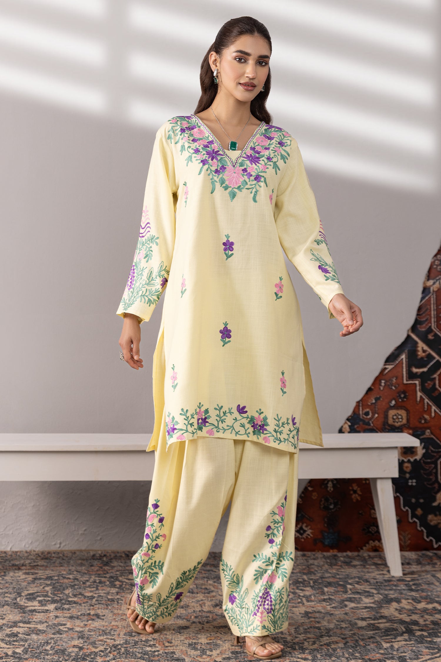 Cotton Kurta Set in Kashmiri Aari -  Pastel Yellow
