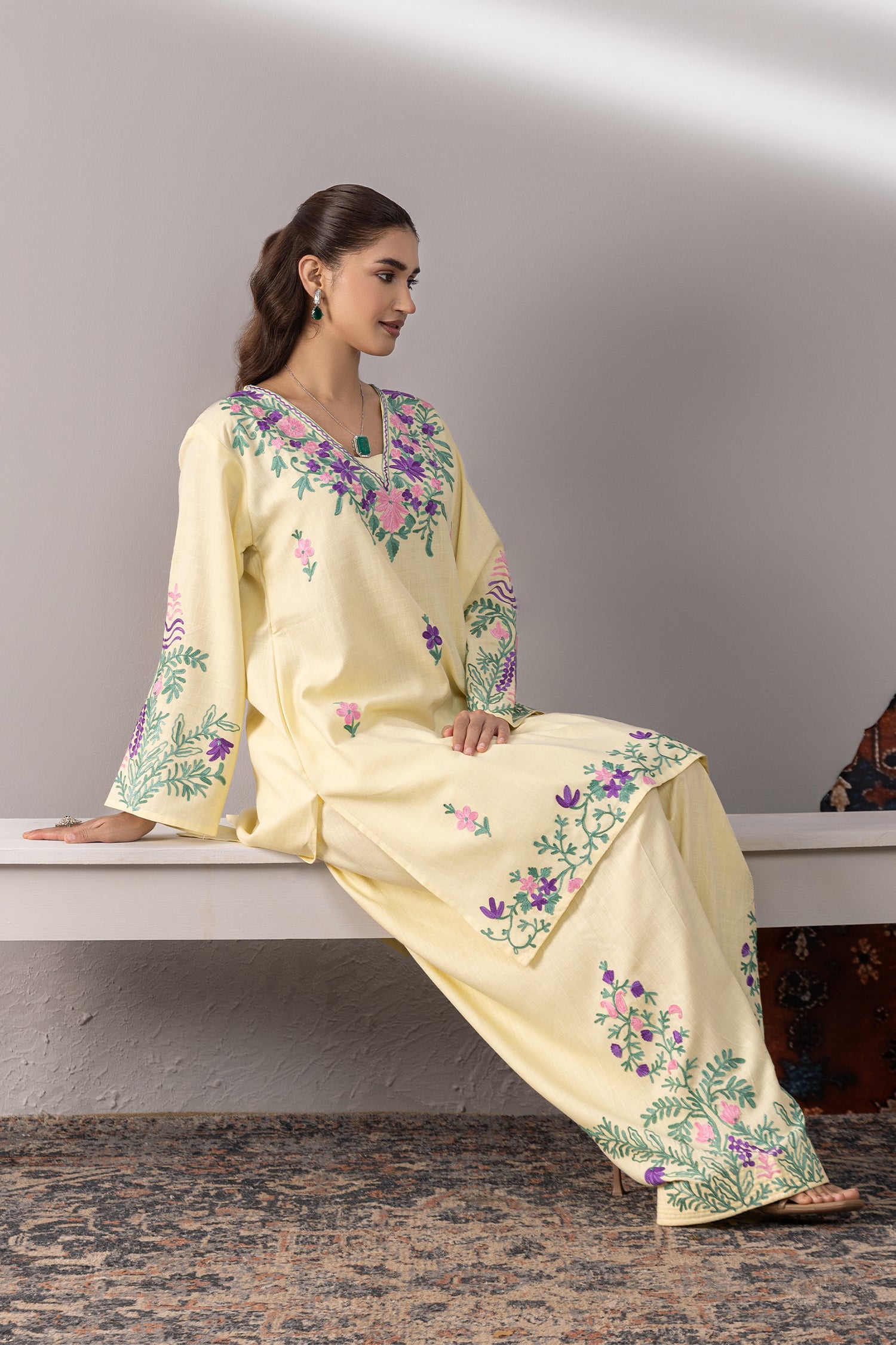 Cotton Kurta Set in Kashmiri Aari -  Pastel Yellow